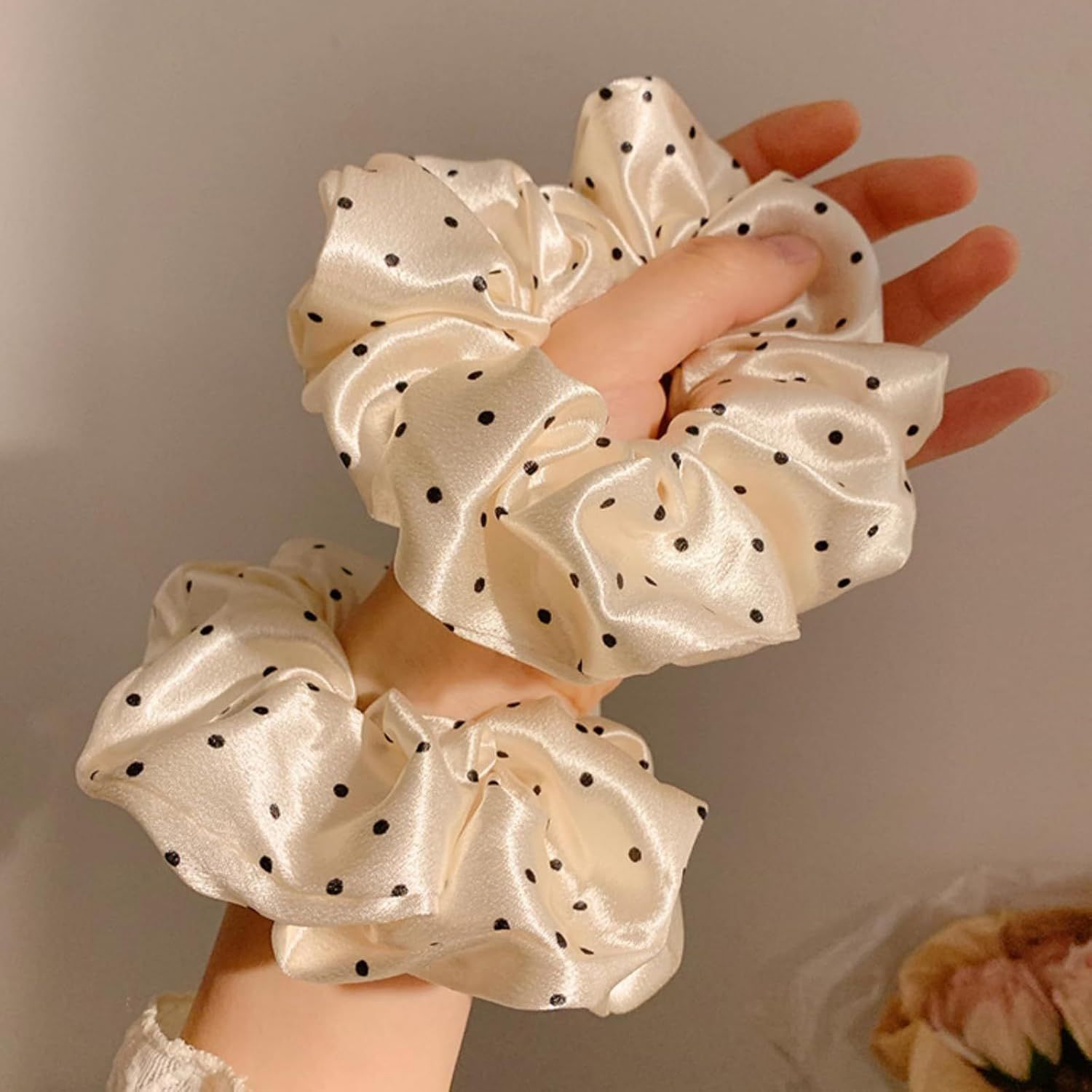 2 Packs Large Scrunchies Black White Polka Dot Satin Elastic Hair Tie, Classic Elegant Nostalgia Hair Band for Women Beige