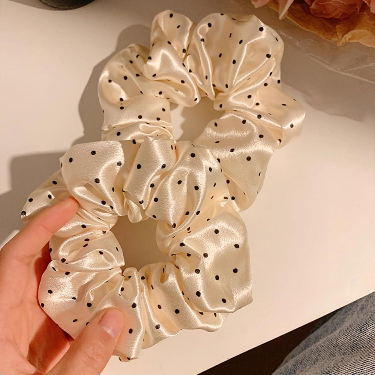 2 Packs Large Scrunchies Black White Polka Dot Satin Elastic Hair Tie, Classic Elegant Nostalgia Hair Band for Women Beige