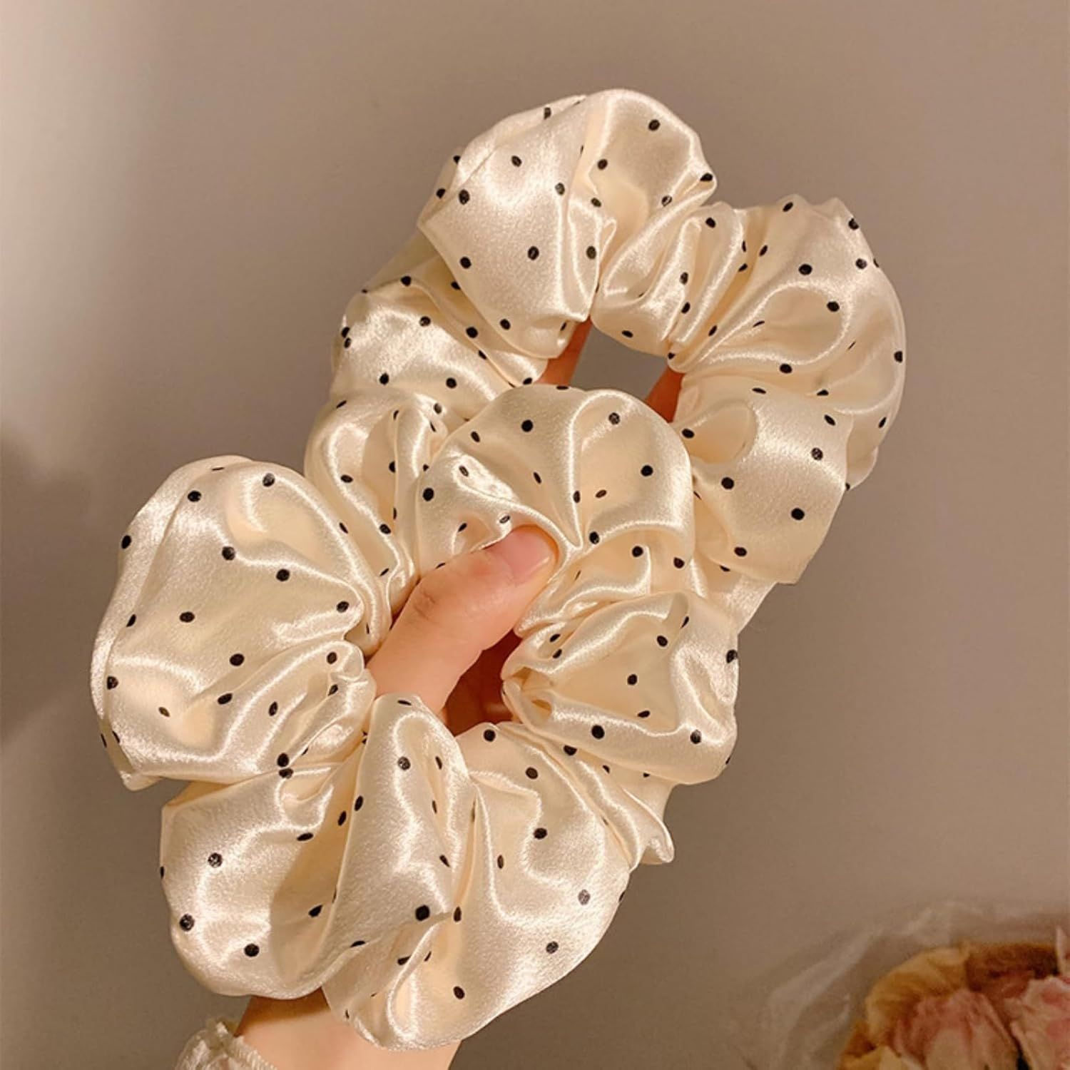 2 Packs Large Scrunchies Black White Polka Dot Satin Elastic Hair Tie, Classic Elegant Nostalgia Hair Band for Women Beige