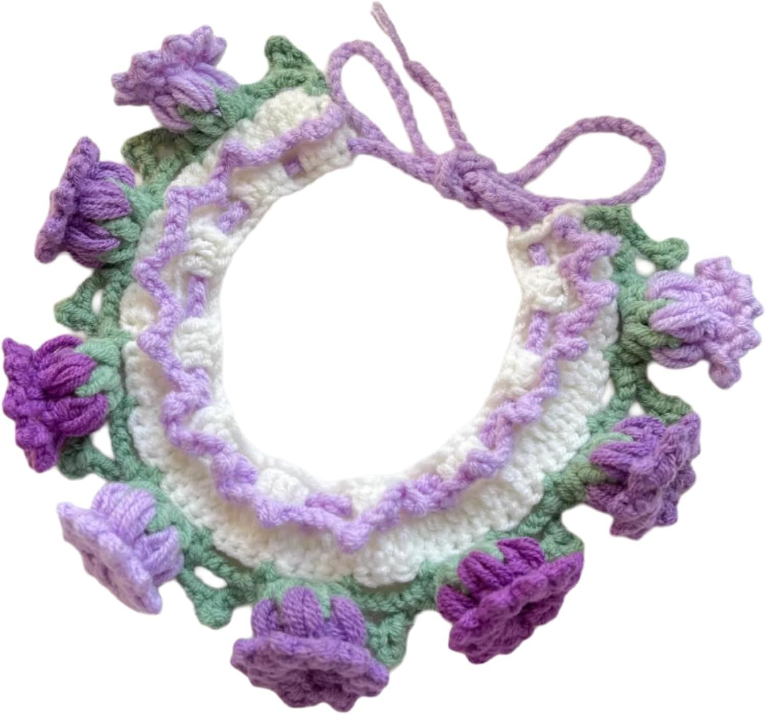 Cat Dog Bandana, Cute Handmade Knitted Yarn Flowers Pet Collar Neck Warmer for Small Medium Dog, Puppy Photo Accessories Purple,M