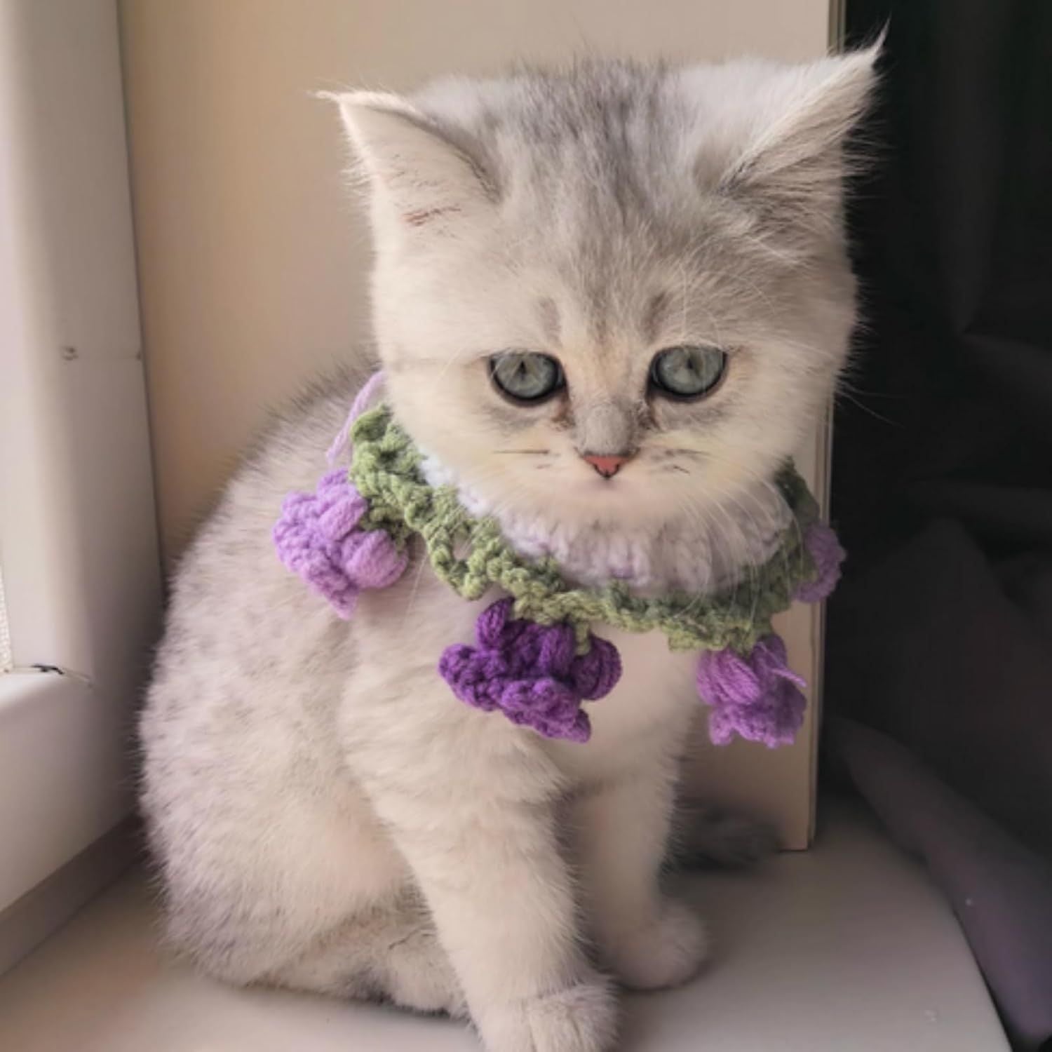 Cat Dog Bandana, Cute Handmade Knitted Yarn Flowers Pet Collar Neck Warmer for Small Medium Dog, Puppy Photo Accessories Purple,M