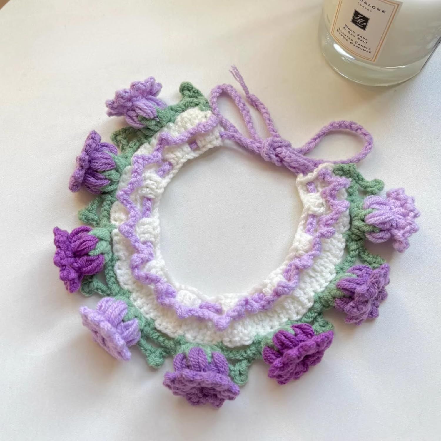Cat Dog Bandana, Cute Handmade Knitted Yarn Flowers Pet Collar Neck Warmer for Small Medium Dog, Puppy Photo Accessories Purple,M