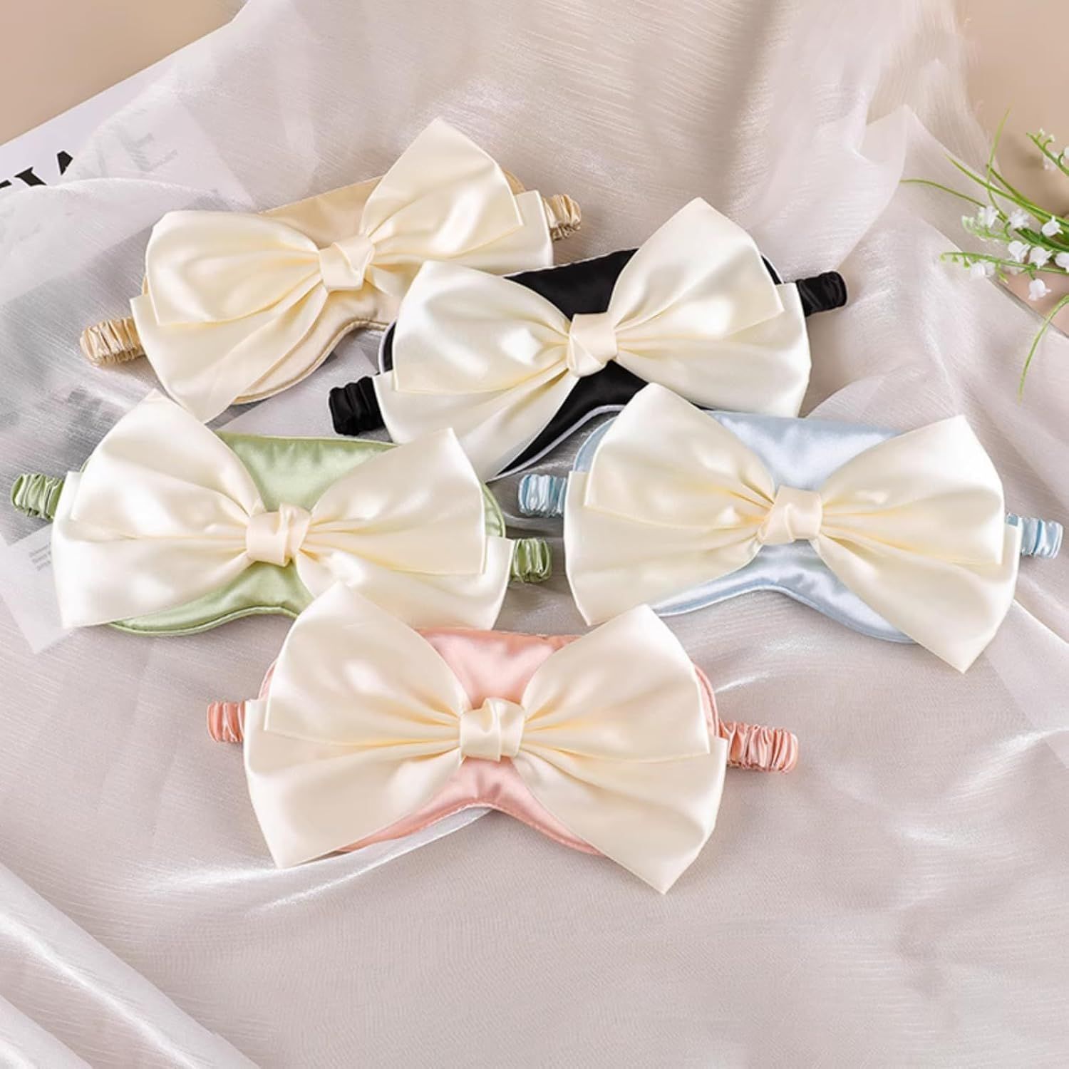 Cute Bow Satin Eye Mask for Women Girls, Breathable Cooling Nap Sleep Cover for Summer Dorm Essentials Blue