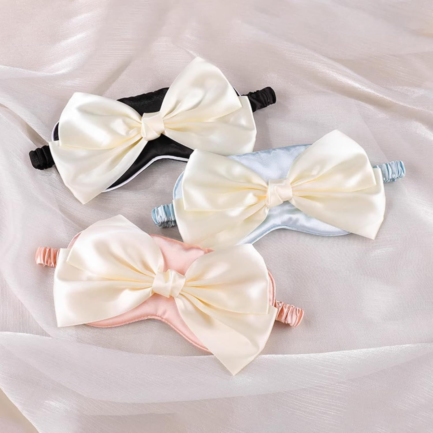 Cute Bow Satin Eye Mask for Women Girls, Breathable Cooling Nap Sleep Cover for Summer Dorm Essentials Blue