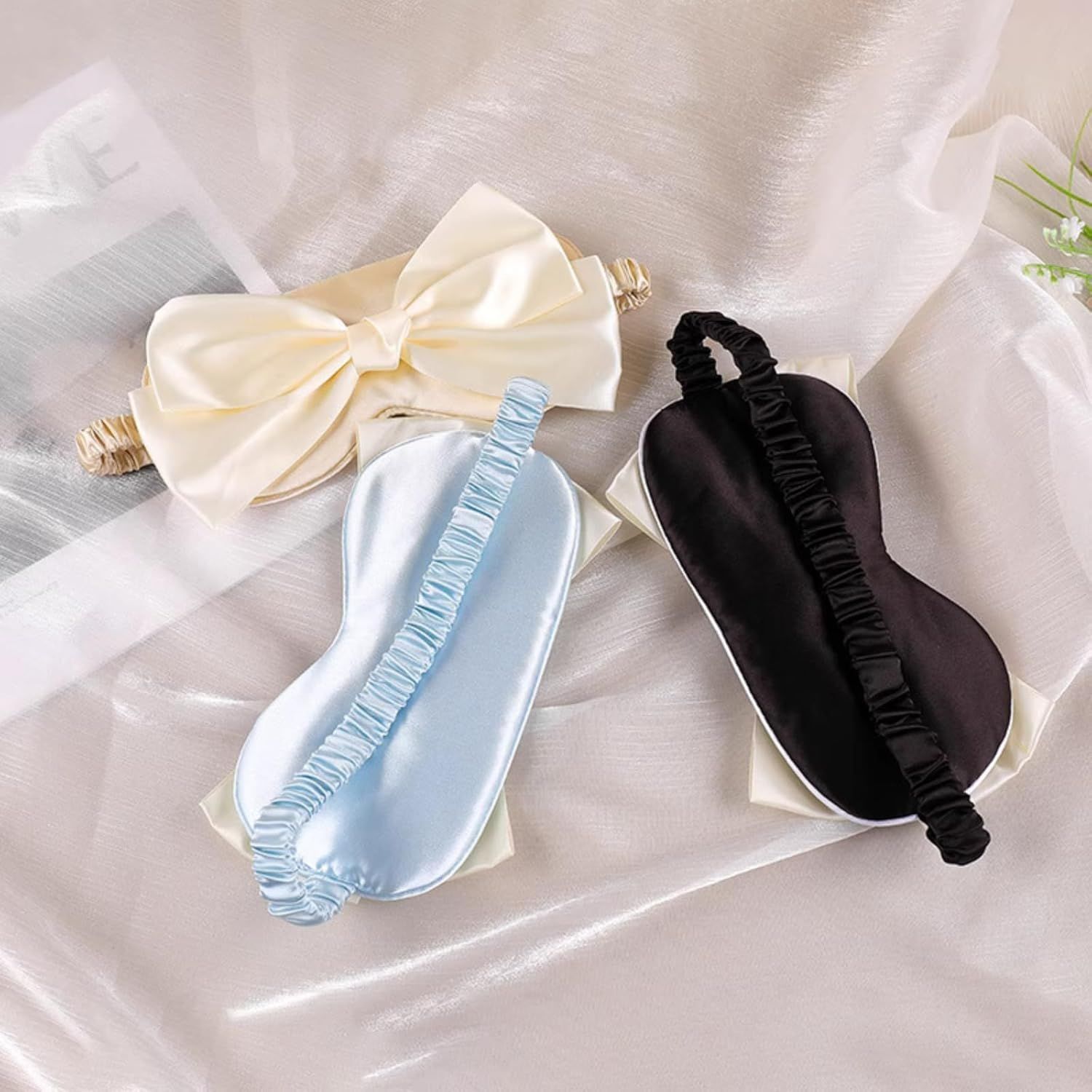 Cute Bow Satin Eye Mask for Women Girls, Breathable Cooling Nap Sleep Cover for Summer Dorm Essentials Blue