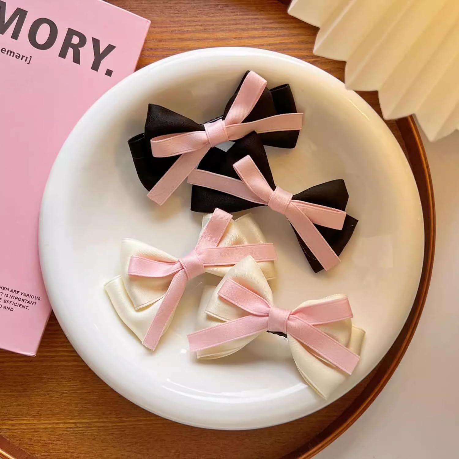 4 Pcs Cute Silky Bow Hair Clips for Girls Women, Princess Style Hair Pins Hair Accessories for Twin Tails Black White