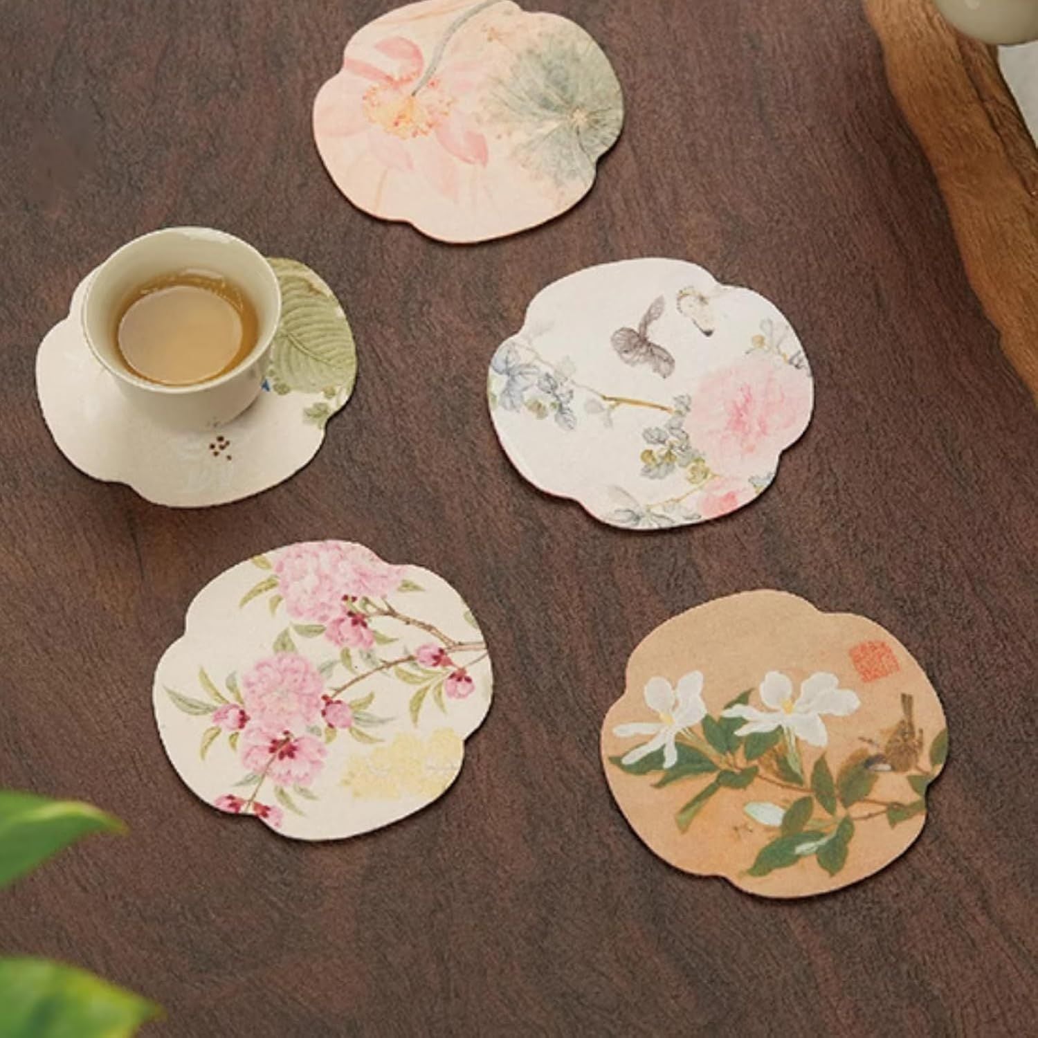 Floral Tea Cup Coasters Set of 5, Double-Sided Absorbent Pads for Heat Insulation, Teaware Accessories Floral,3.7 inches