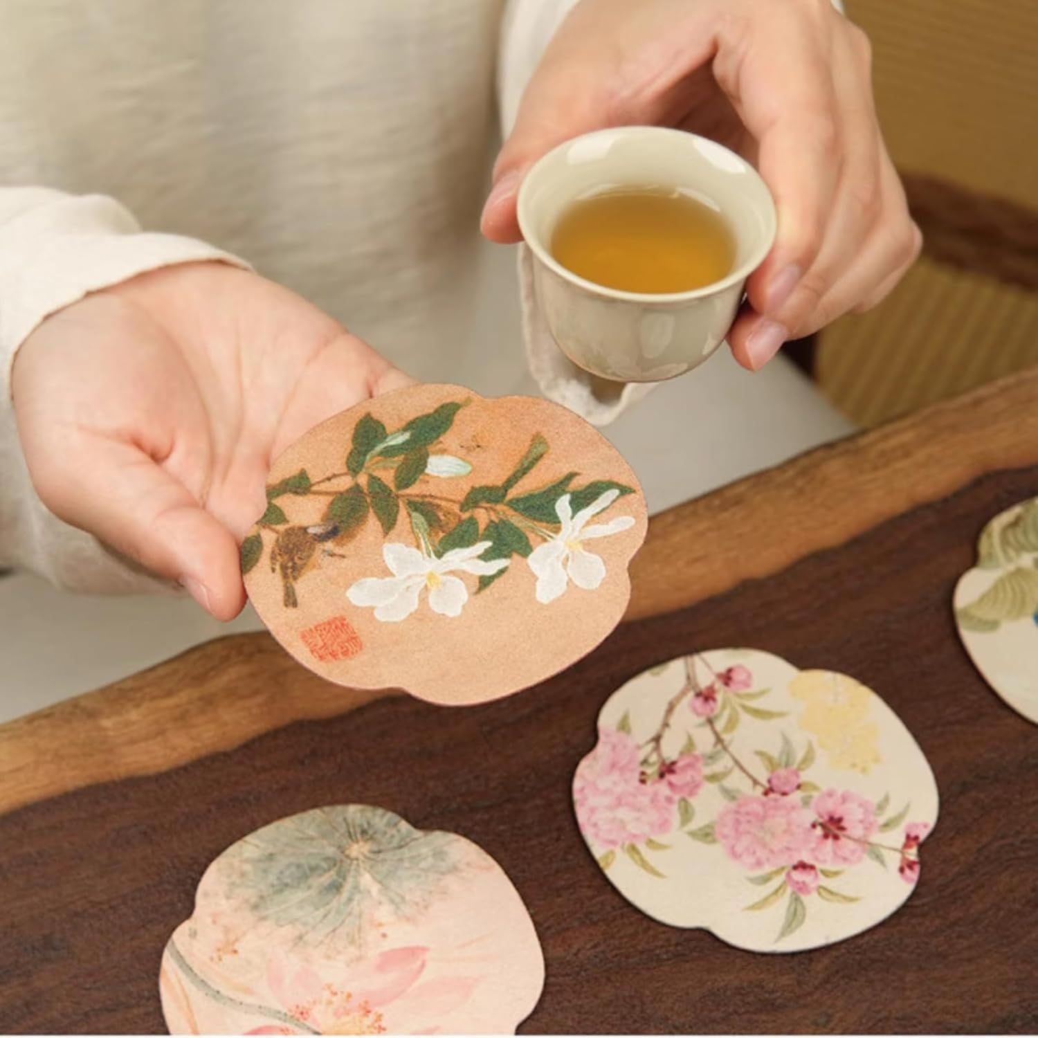 Floral Tea Cup Coasters Set of 5, Double-Sided Absorbent Pads for Heat Insulation, Teaware Accessories Floral,3.7 inches