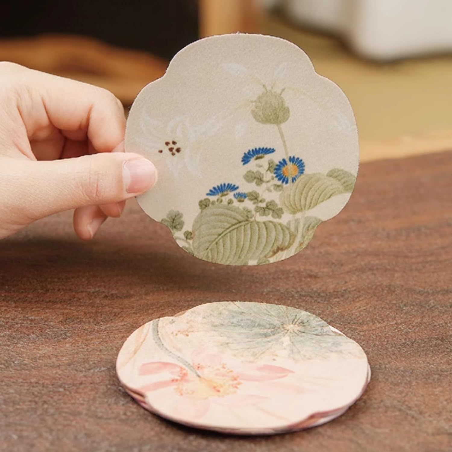 Floral Tea Cup Coasters Set of 5, Double-Sided Absorbent Pads for Heat Insulation, Teaware Accessories Floral,3.7 inches