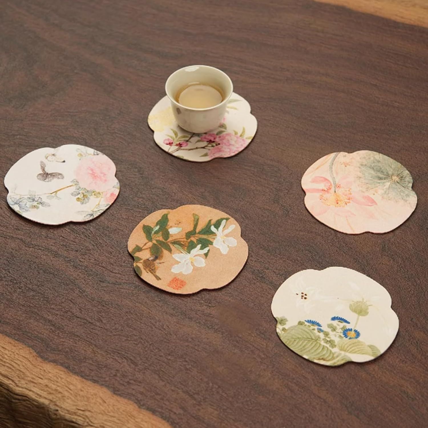 Floral Tea Cup Coasters Set of 5, Double-Sided Absorbent Pads for Heat Insulation, Teaware Accessories Floral,3.7 inches