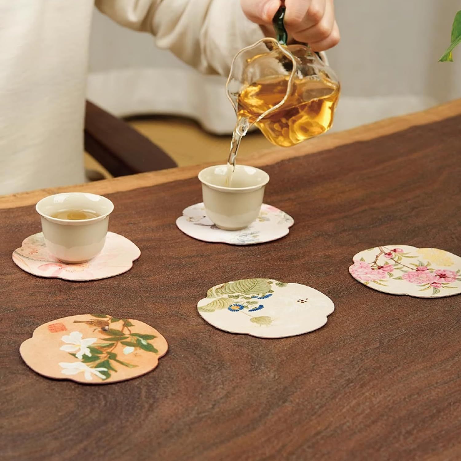 Floral Tea Cup Coasters Set of 5, Double-Sided Absorbent Pads for Heat Insulation, Teaware Accessories Floral,3.7 inches