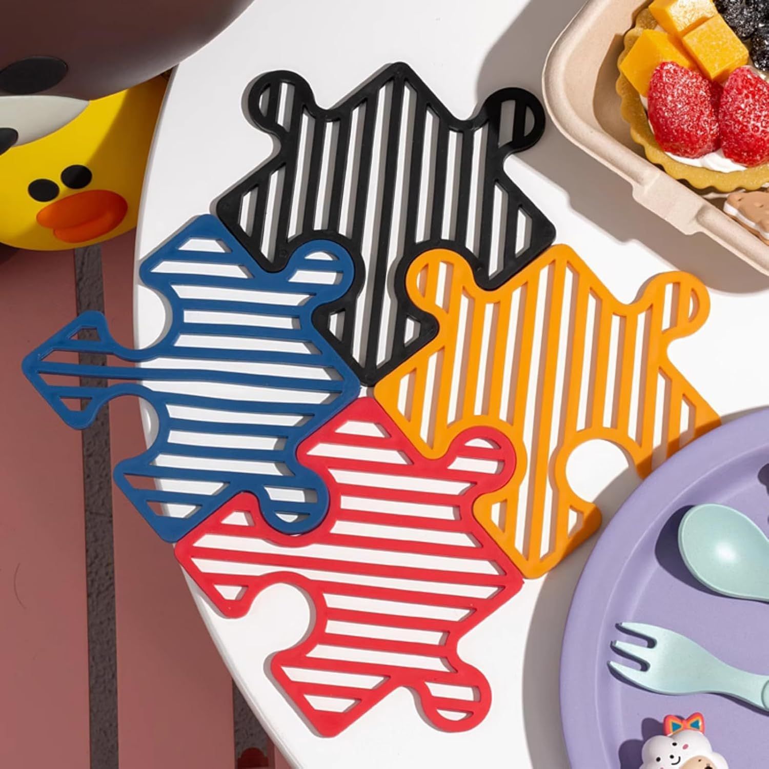 4 Pcs Creative Puzzle Shaped Heat Resistant Table Mat Set Insulated Coasters for Cups Bowls Pots Plates Red Blue Orange Black,3.7x4.7 Inch