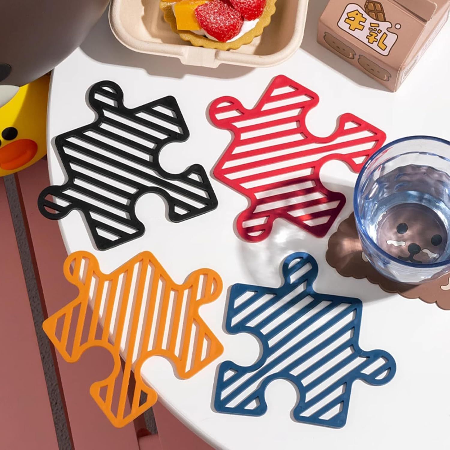 4 Pcs Creative Puzzle Shaped Heat Resistant Table Mat Set Insulated Coasters for Cups Bowls Pots Plates Red Blue Orange Black,3.7x4.7 Inch