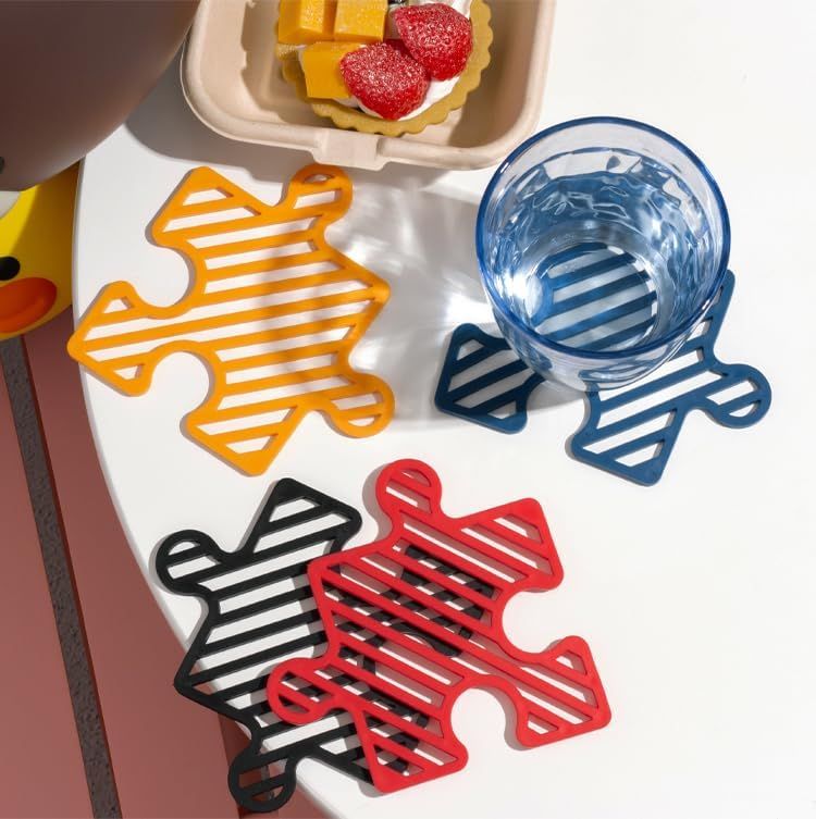 4 Pcs Creative Puzzle Shaped Heat Resistant Table Mat Set Insulated Coasters for Cups Bowls Pots Plates Red Blue Orange Black,3.7x4.7 Inch