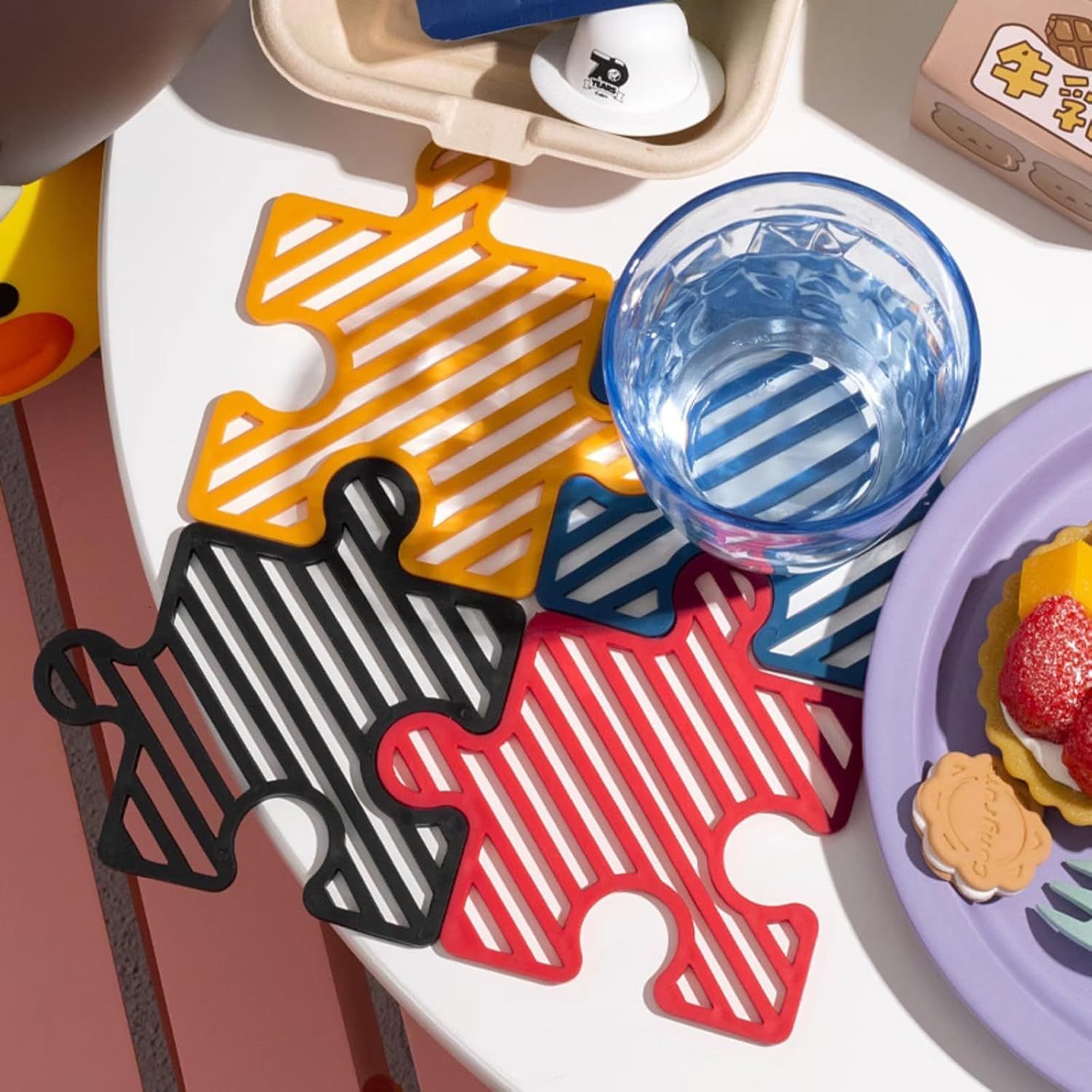 4 Pcs Creative Puzzle Shaped Heat Resistant Table Mat Set Insulated Coasters for Cups Bowls Pots Plates Red Blue Orange Black,3.7x4.7 Inch