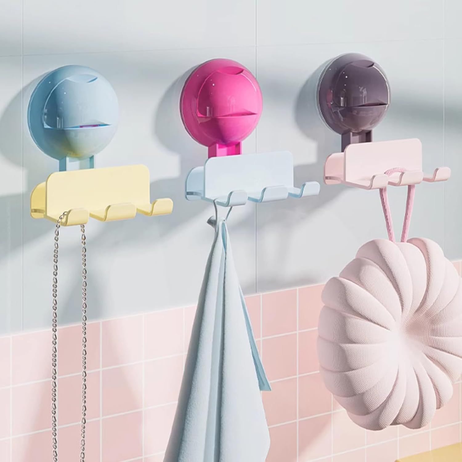 3 Pack Reusable No-Drill No-Trace Vacuum Suction Hooks, Wall-Mounted Toothbrush Holder, Storage Rack for Bathroom Blue Pink Purple