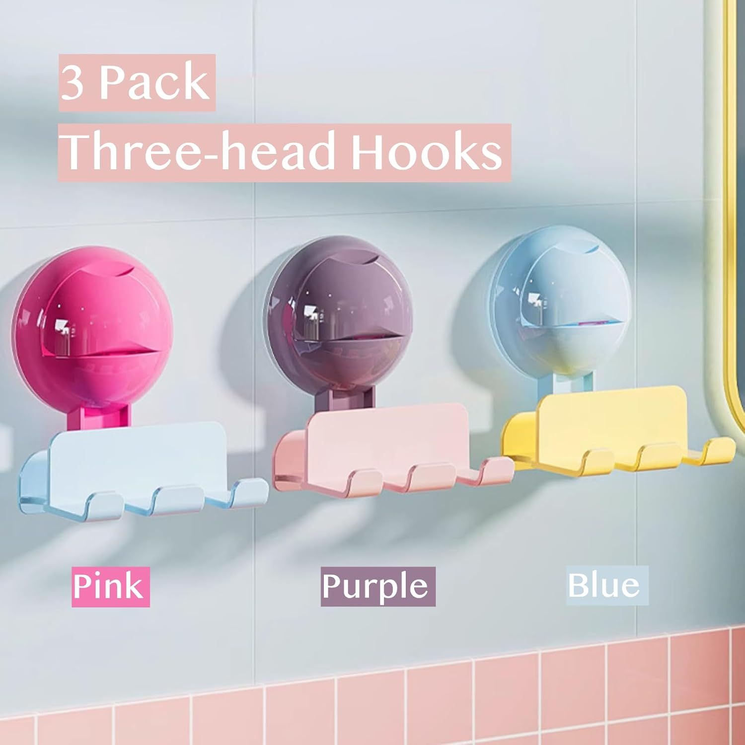 3 Pack Reusable No-Drill No-Trace Vacuum Suction Hooks, Wall-Mounted Toothbrush Holder, Storage Rack for Bathroom Blue Pink Purple