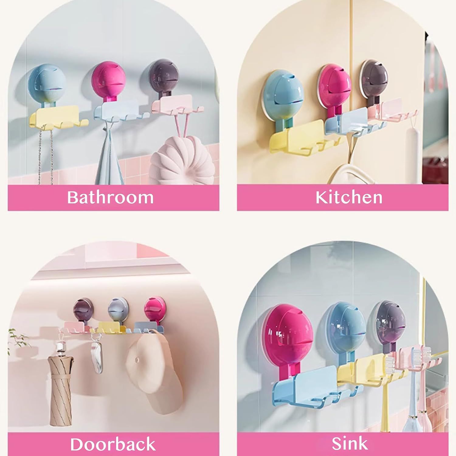 3 Pack Reusable No-Drill No-Trace Vacuum Suction Hooks, Wall-Mounted Toothbrush Holder, Storage Rack for Bathroom Blue Pink Purple