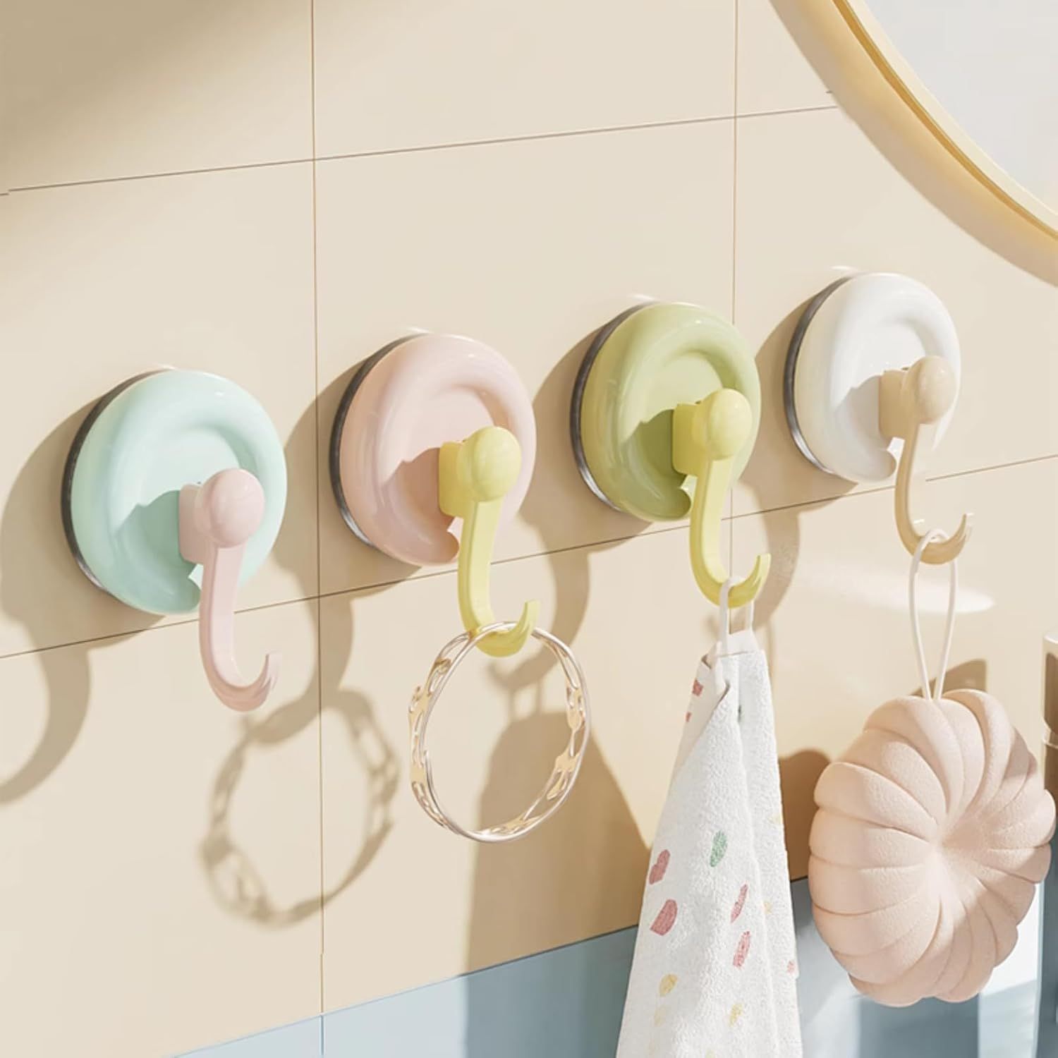 4 Pack No-Drill Reusable Vacuum Suction Hooks, Pastel Colors Heavy-Duty Door Towel Hook Bathroom Wall Organizer Blue Pink Green White