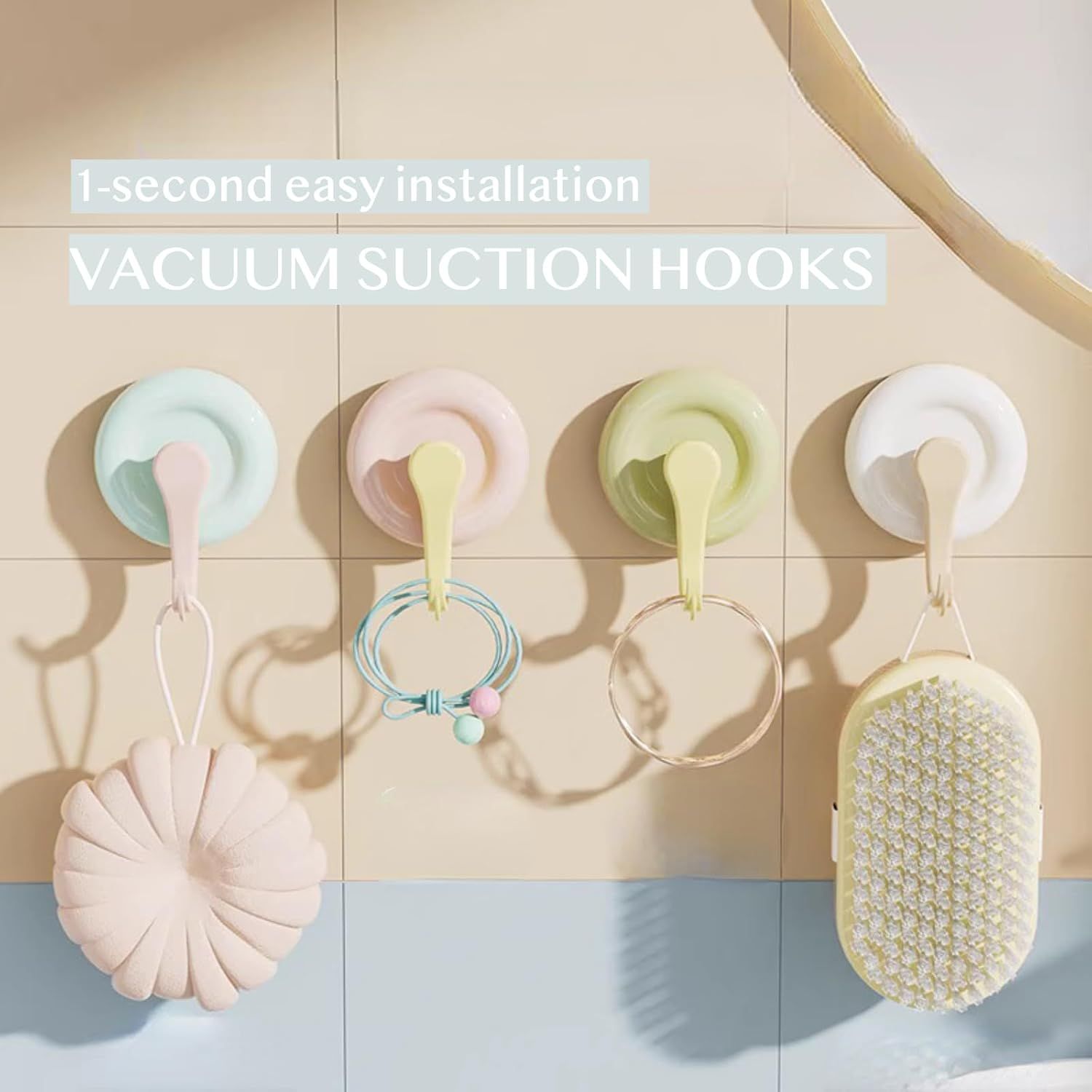 4 Pack No-Drill Reusable Vacuum Suction Hooks, Pastel Colors Heavy-Duty Door Towel Hook Bathroom Wall Organizer Blue Pink Green White