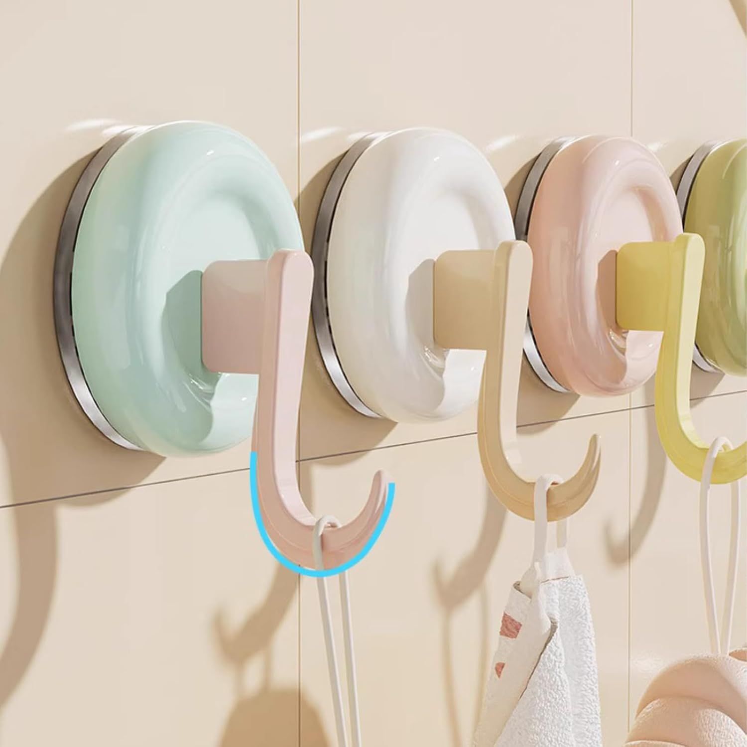 4 Pack No-Drill Reusable Vacuum Suction Hooks, Pastel Colors Heavy-Duty Door Towel Hook Bathroom Wall Organizer Blue Pink Green White