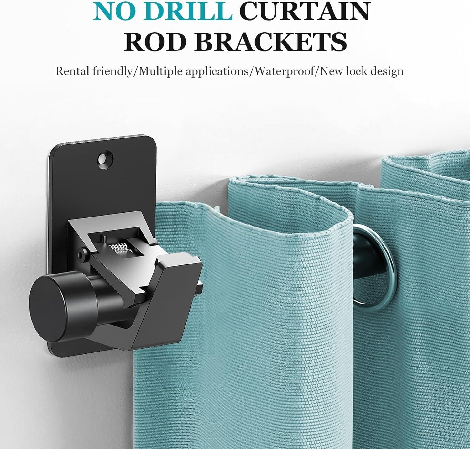 Adhesive No Drill Curtain Rod Brackets - Heavy Duty 30LB Holders for Bathroom Bedroom Kitchen, Universal Damage-Free Window Rod Hooks with Nail-Free Installation 4PC Black