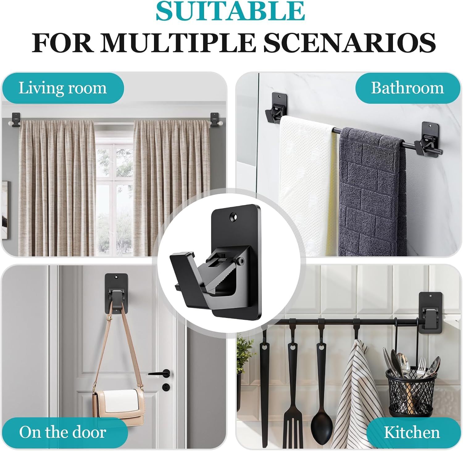 Adhesive No Drill Curtain Rod Brackets - Heavy Duty 30LB Holders for Bathroom Bedroom Kitchen, Universal Damage-Free Window Rod Hooks with Nail-Free Installation 4PC Black
