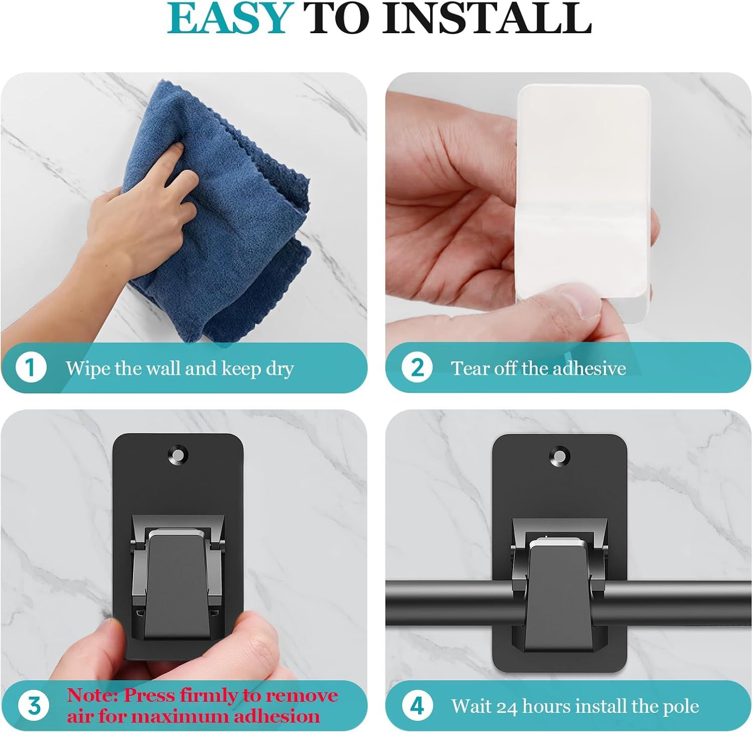 Adhesive No Drill Curtain Rod Brackets - Heavy Duty 30LB Holders for Bathroom Bedroom Kitchen, Universal Damage-Free Window Rod Hooks with Nail-Free Installation 4PC Black