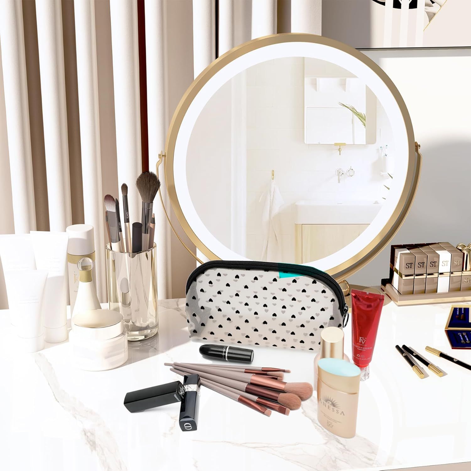 Portable Mesh Makeup Bag with Zipper Small Travel Toiletry Bag Lightweight Cosmetic Pouch Beige&Black Heart Half Round