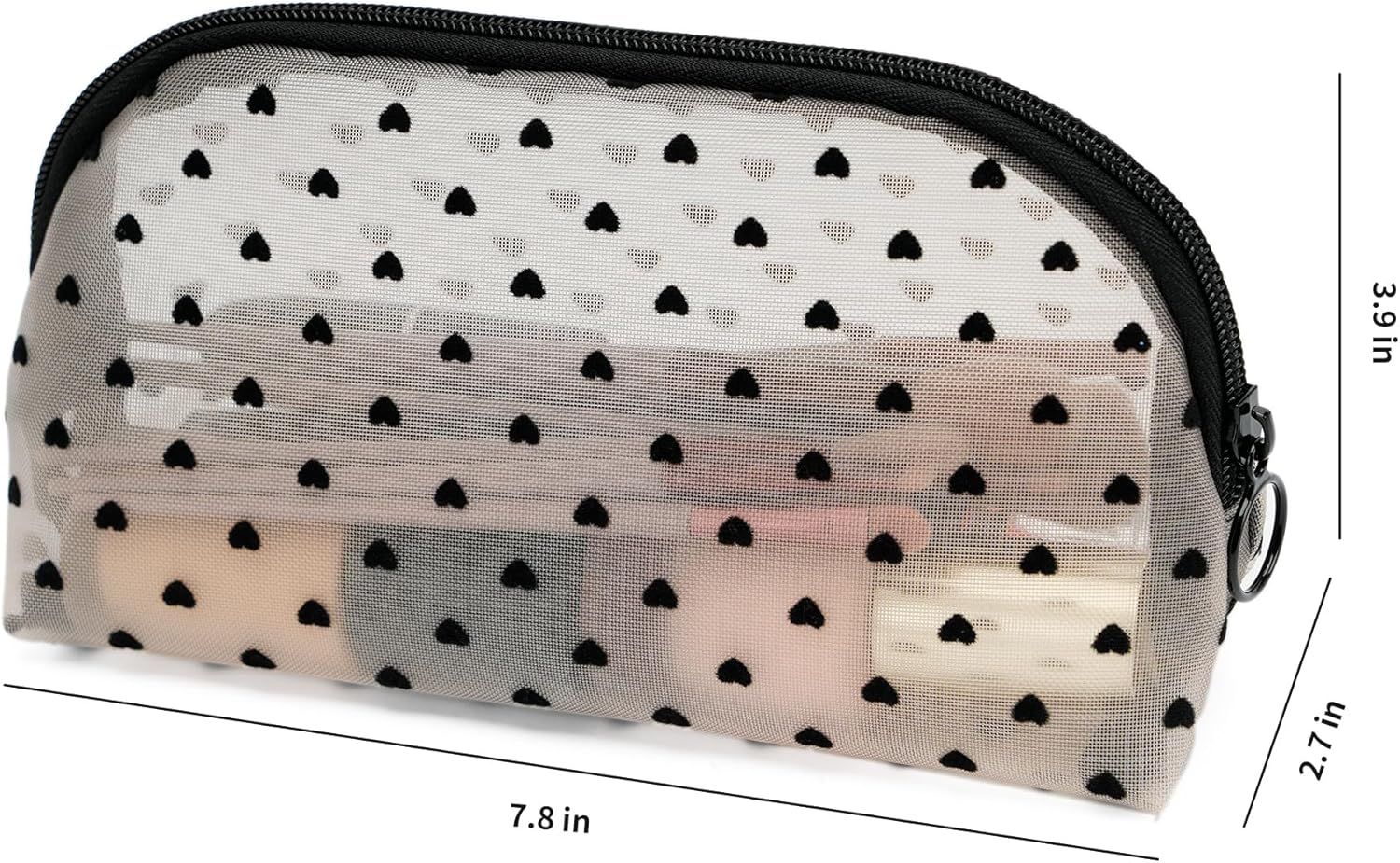 Portable Mesh Makeup Bag with Zipper Small Travel Toiletry Bag Lightweight Cosmetic Pouch Beige&Black Heart Half Round