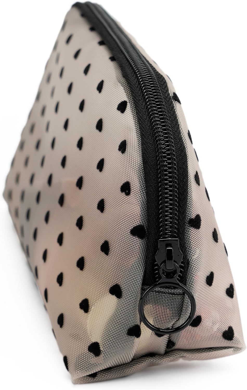 Portable Mesh Makeup Bag with Zipper Small Travel Toiletry Bag Lightweight Cosmetic Pouch Beige&Black Heart Half Round