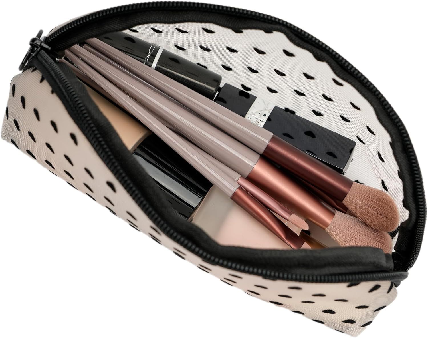 Portable Mesh Makeup Bag with Zipper Small Travel Toiletry Bag Lightweight Cosmetic Pouch Beige&Black Heart Half Round