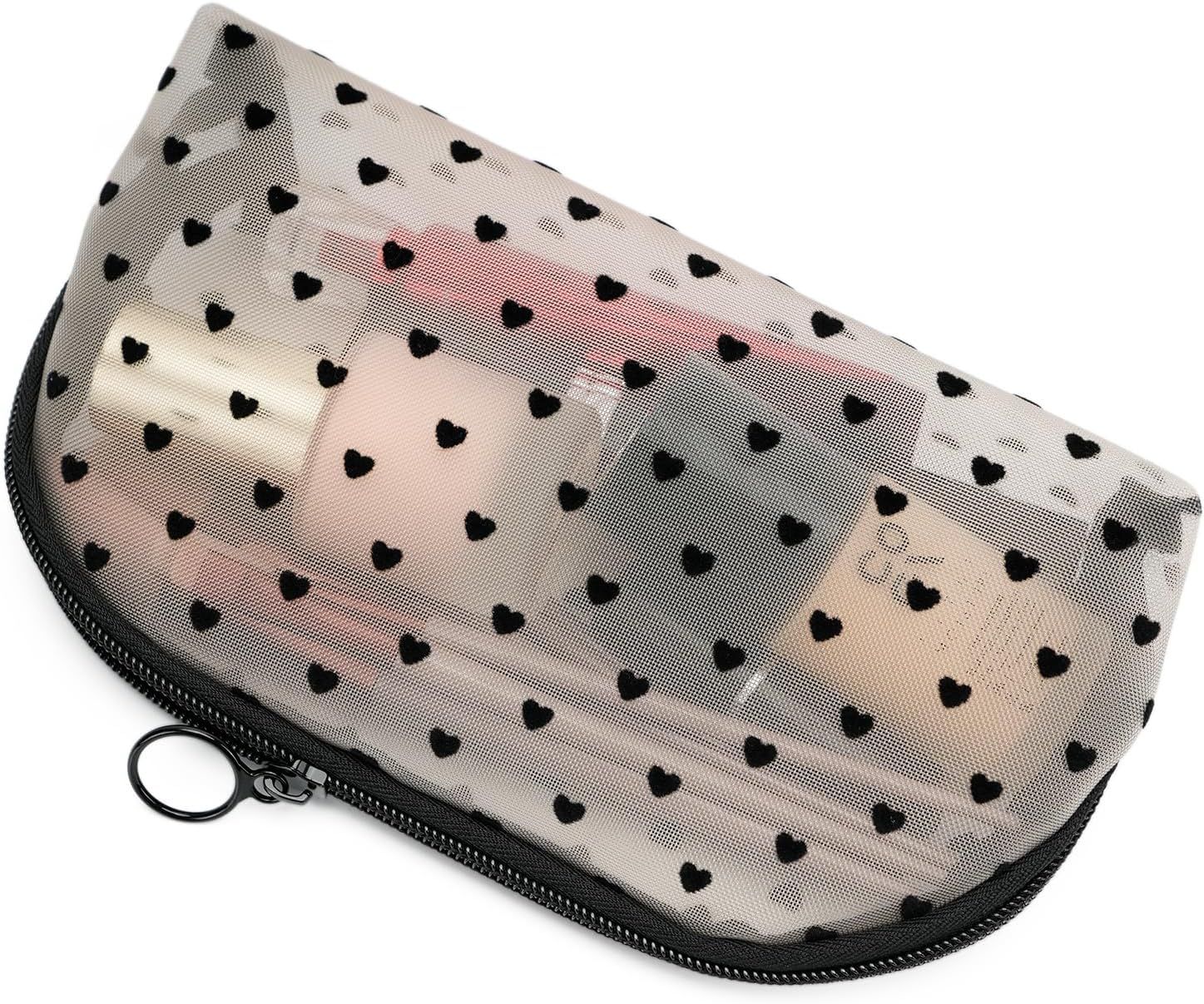 Portable Mesh Makeup Bag with Zipper Small Travel Toiletry Bag Lightweight Cosmetic Pouch Beige&Black Heart Half Round