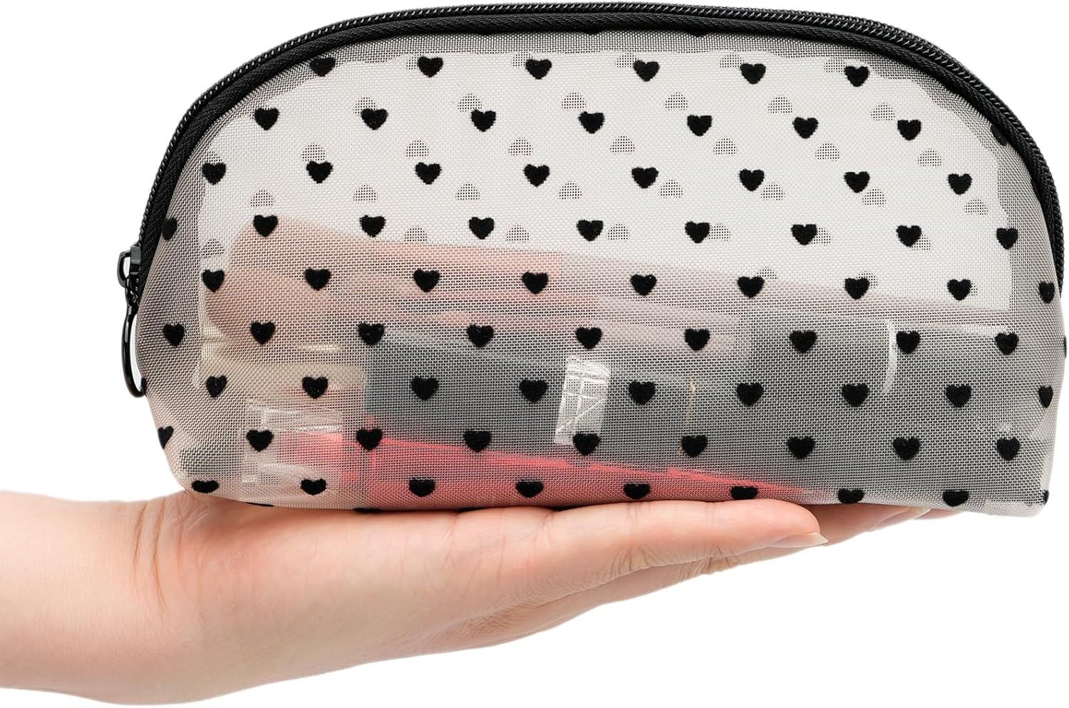Portable Mesh Makeup Bag with Zipper Small Travel Toiletry Bag Lightweight Cosmetic Pouch Beige&Black Heart Half Round