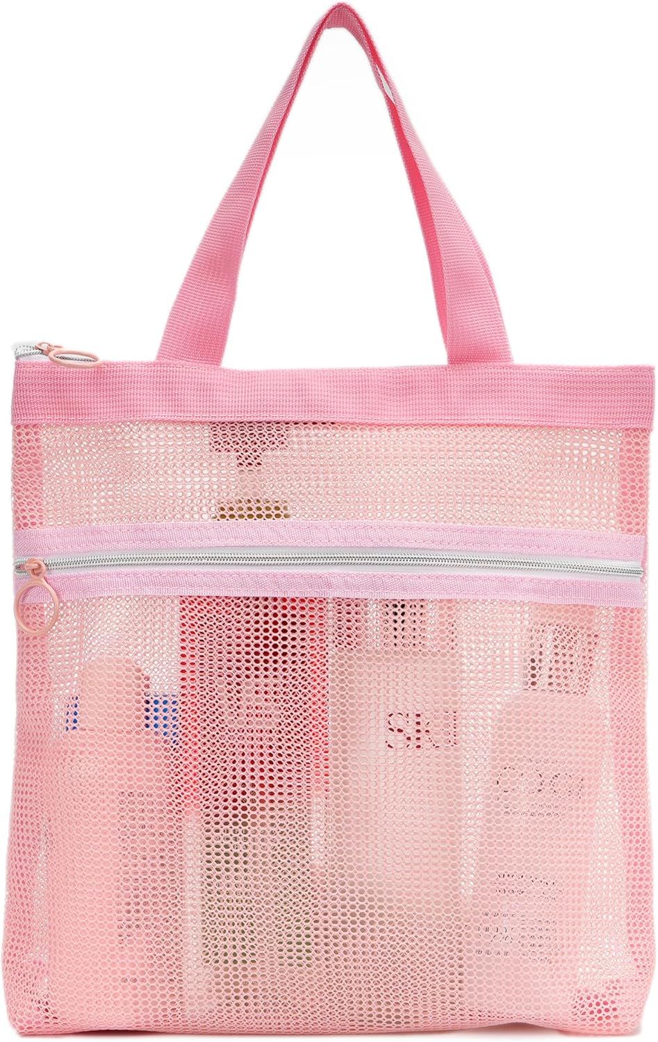 Mesh Shower Caddy Bag Portable Small Hanging Toiletry Tote Bag for Gym Travel Beach Bathroom Sunscreen Pink