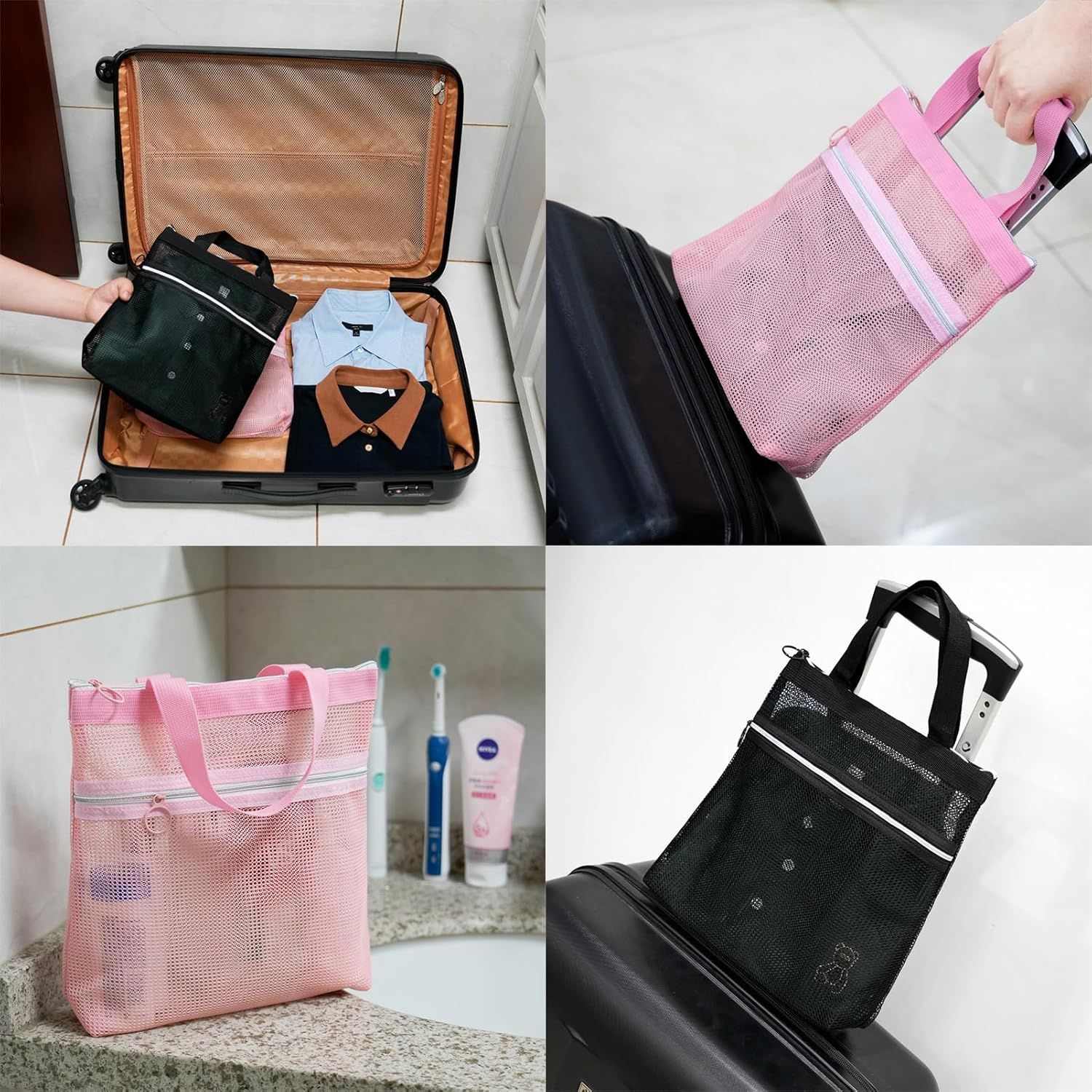 Mesh Shower Caddy Bag Portable Small Hanging Toiletry Tote Bag for Gym Travel Beach Bathroom Sunscreen Pink