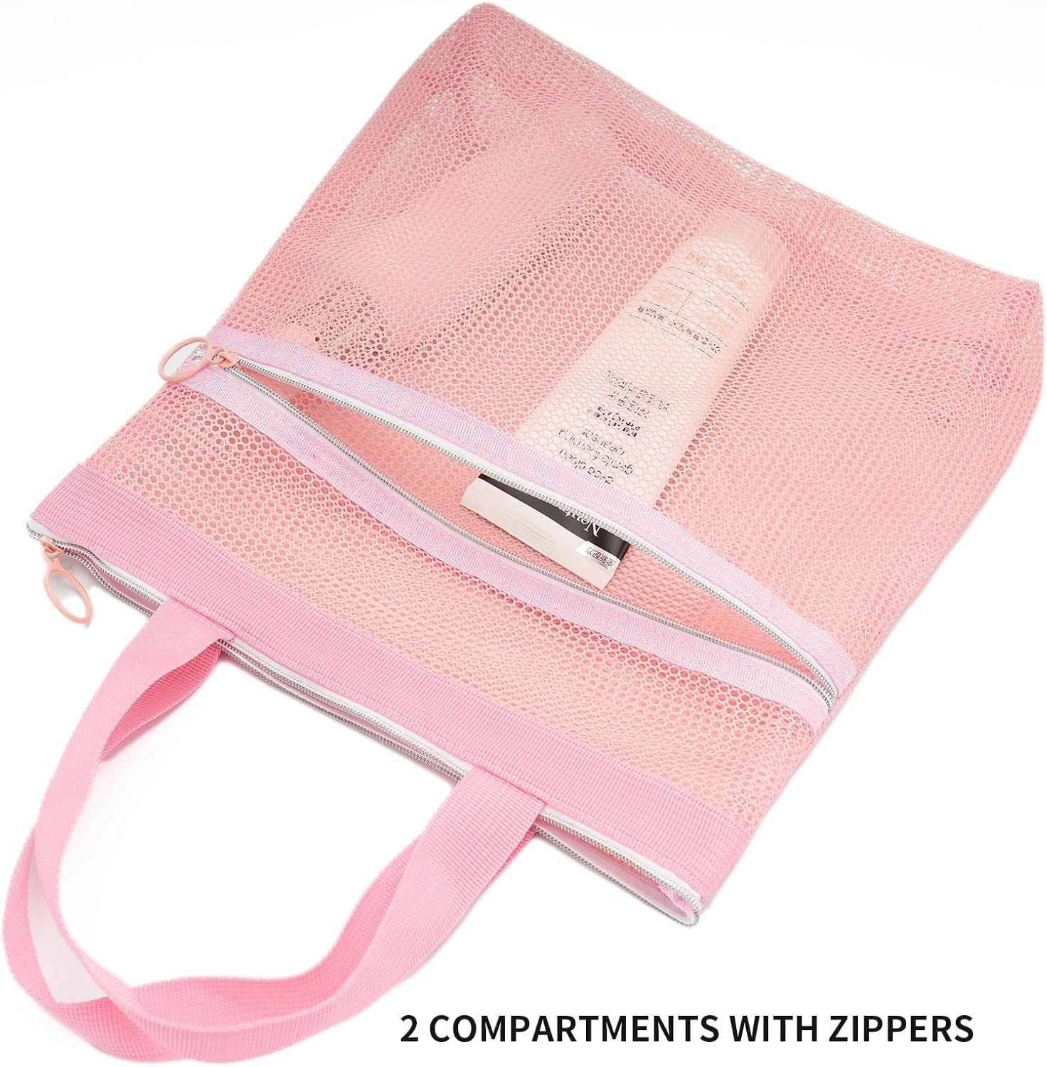 Mesh Shower Caddy Bag Portable Small Hanging Toiletry Tote Bag for Gym Travel Beach Bathroom Sunscreen Pink