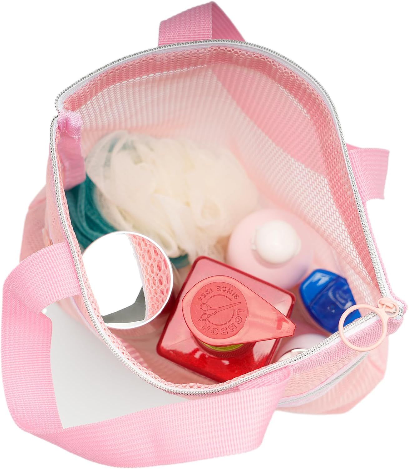 Mesh Shower Caddy Bag Portable Small Hanging Toiletry Tote Bag for Gym Travel Beach Bathroom Sunscreen Pink