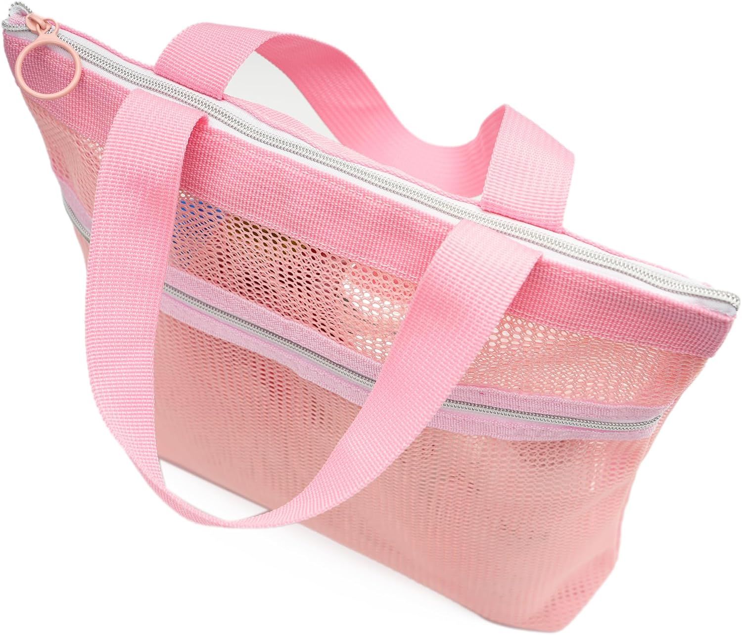 Mesh Shower Caddy Bag Portable Small Hanging Toiletry Tote Bag for Gym Travel Beach Bathroom Sunscreen Pink
