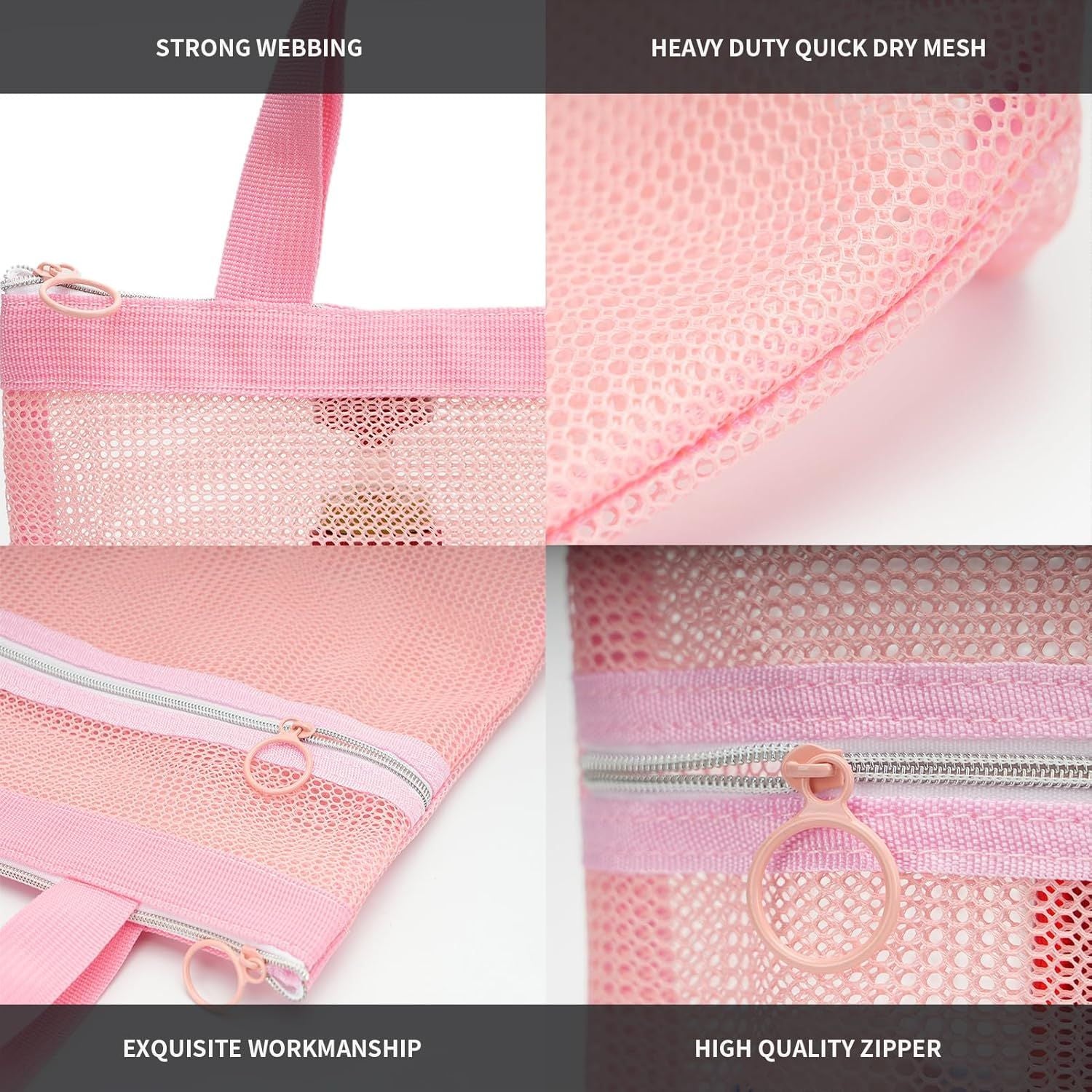 Mesh Shower Caddy Bag Portable Small Hanging Toiletry Tote Bag for Gym Travel Beach Bathroom Sunscreen Pink