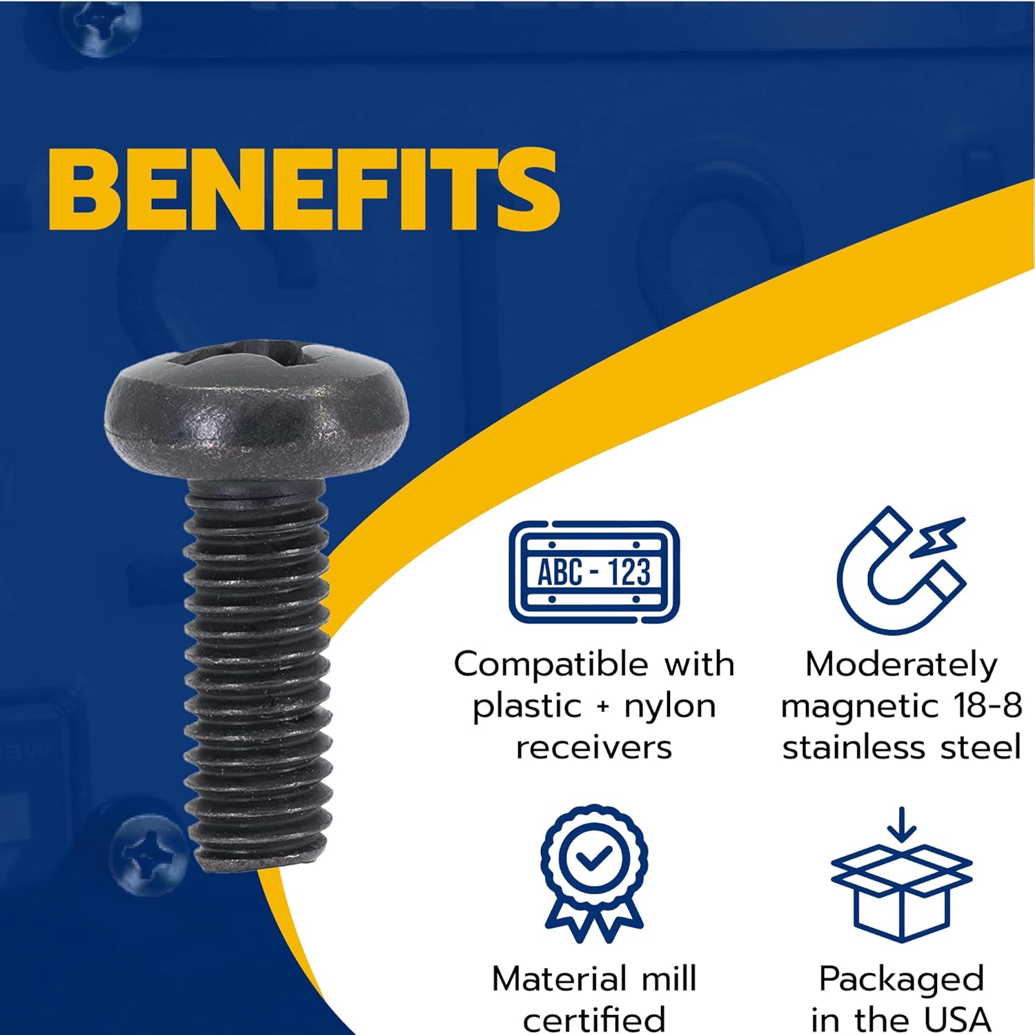 Black License Plate Screws for Lexus, Toyota, and Honda, Phillips Machine Pan Head 18-8, Stainless Steel, M6-1.0 x 16 mm Bolt Pack of 4