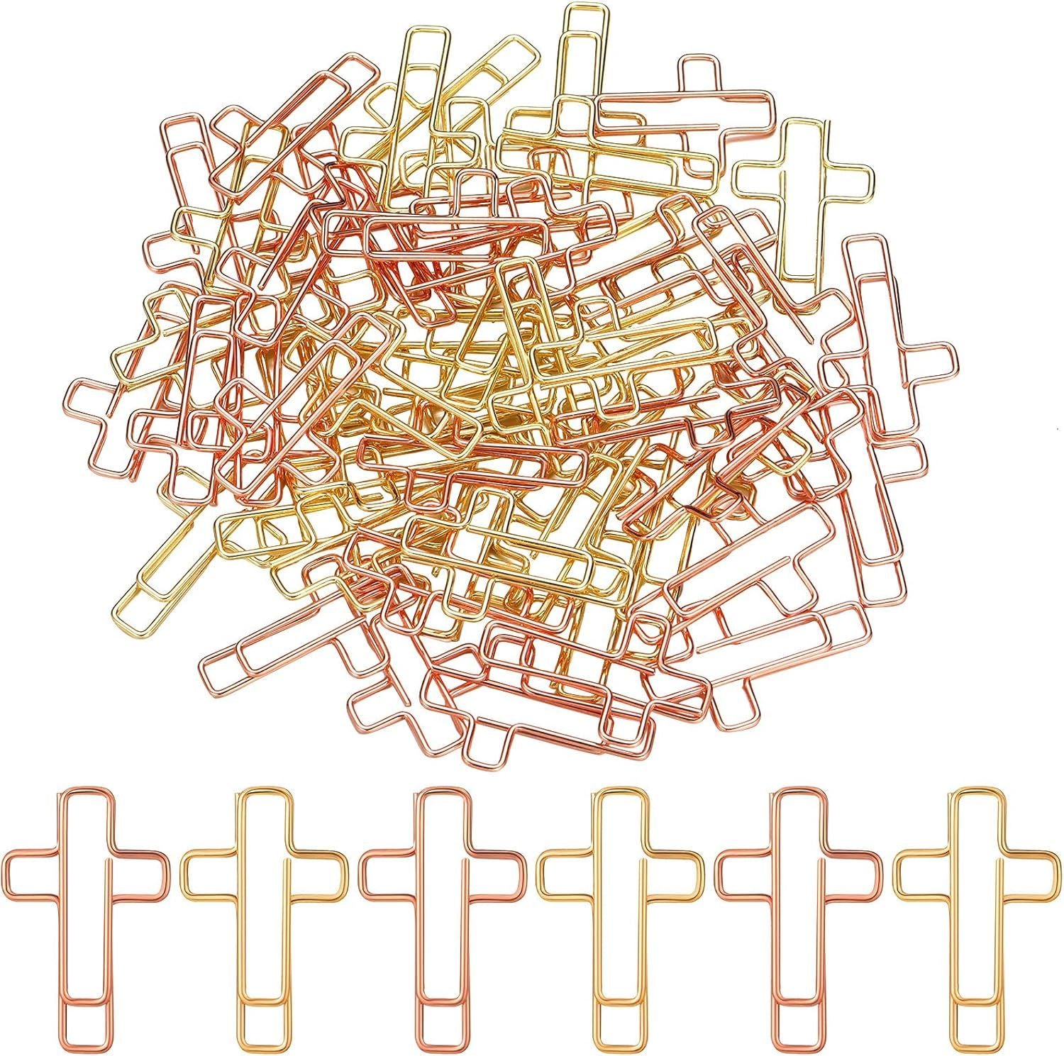 100 Pieces Cross Paper Clips with Clear Plastic Box Gold and Rose Gold Color Cute Paperclips Christian Journaling Supplies Metal Clamps Bible Study Gifts for Bookmark Office Document Note