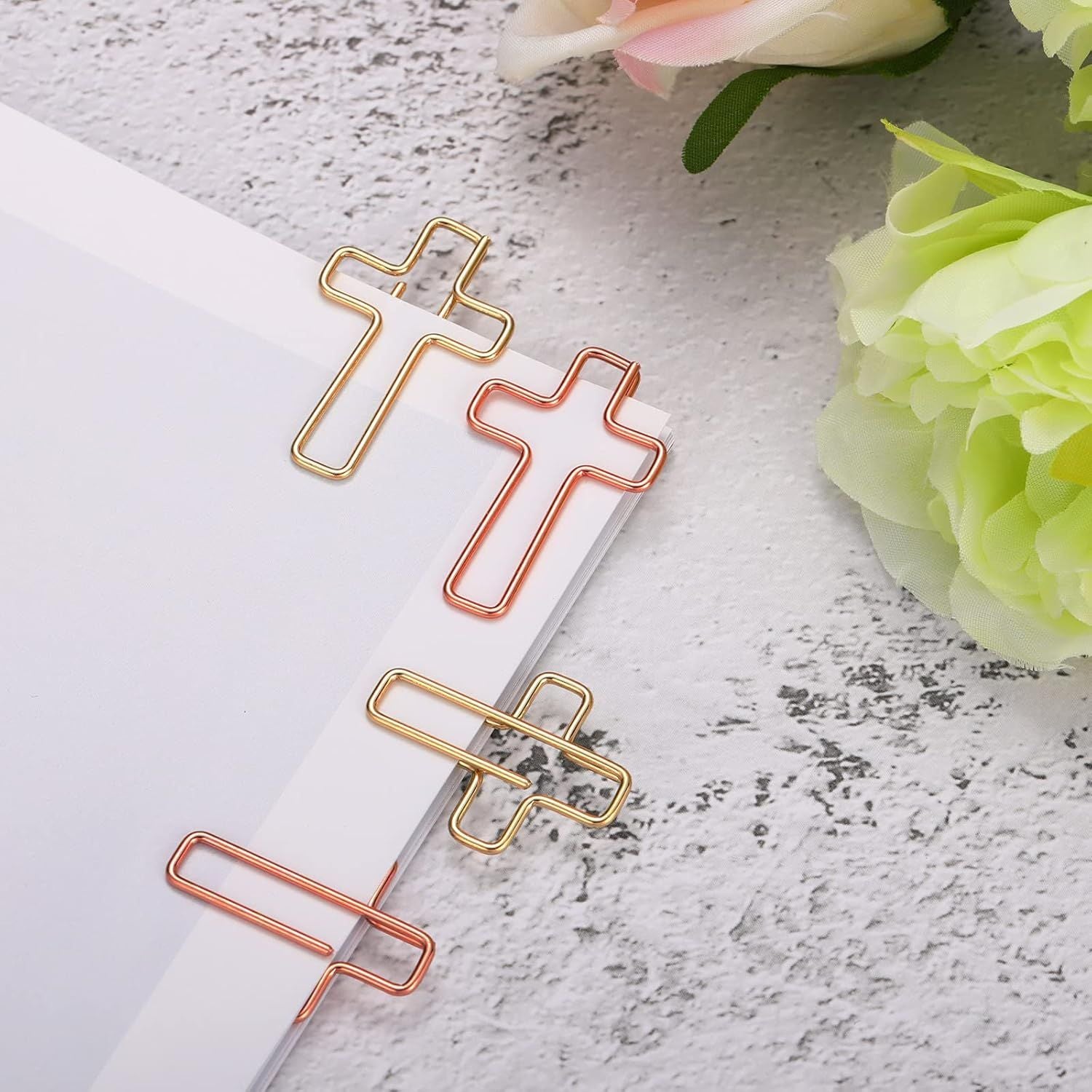 100 Pieces Cross Paper Clips with Clear Plastic Box Gold and Rose Gold Color Cute Paperclips Christian Journaling Supplies Metal Clamps Bible Study Gifts for Bookmark Office Document Note