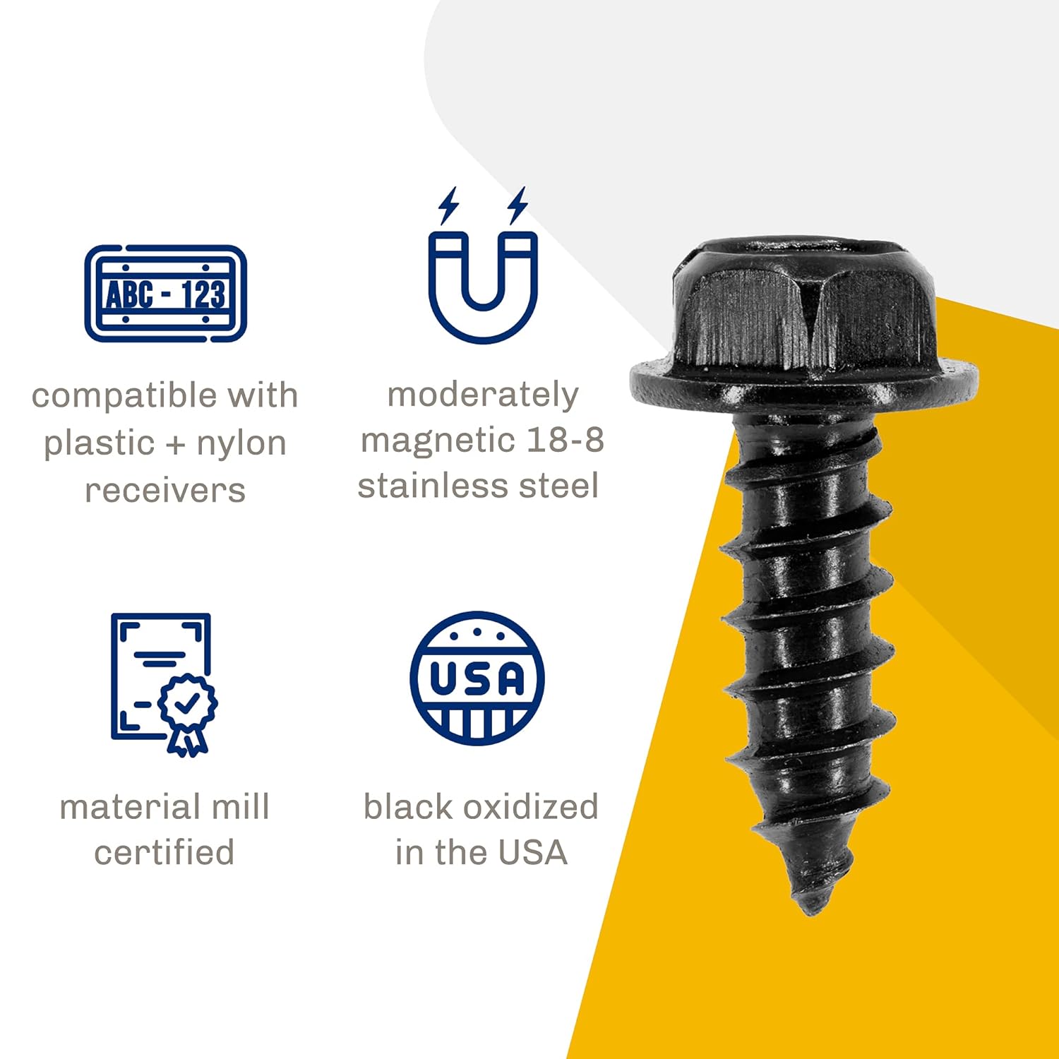 Black License Plate Screws, Rustproof 18-8 Stainless Steel, Black Oxide Finish Applied in The USA by Makers Bolt Pack of 4