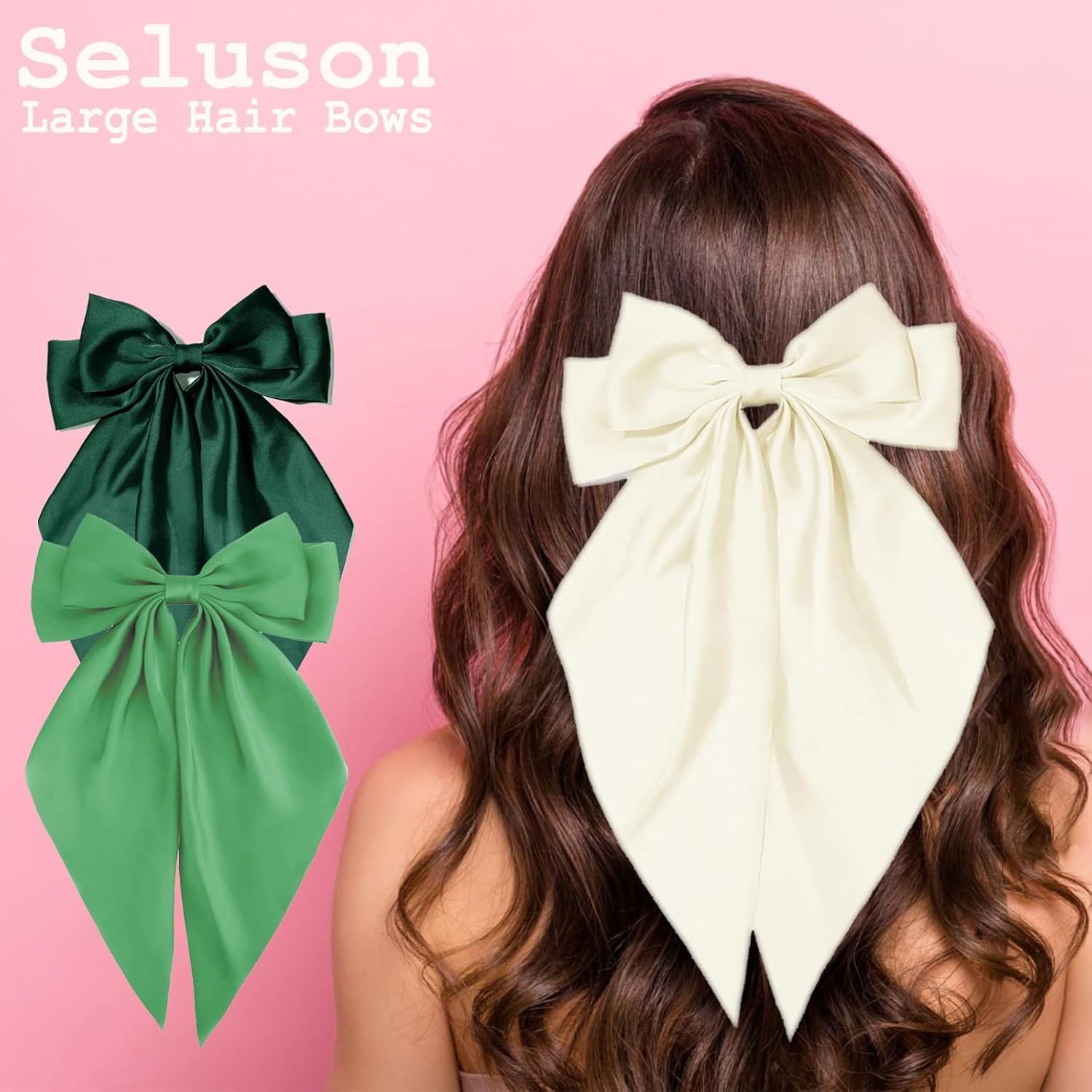 Green Hair Bows for Women Girl, Big Bow Hair Clips, Silky Satin Bows Oversized Long Tail with Clips Barrettes Big Bowknot Hair, St. Patrick's Day Party Accessories