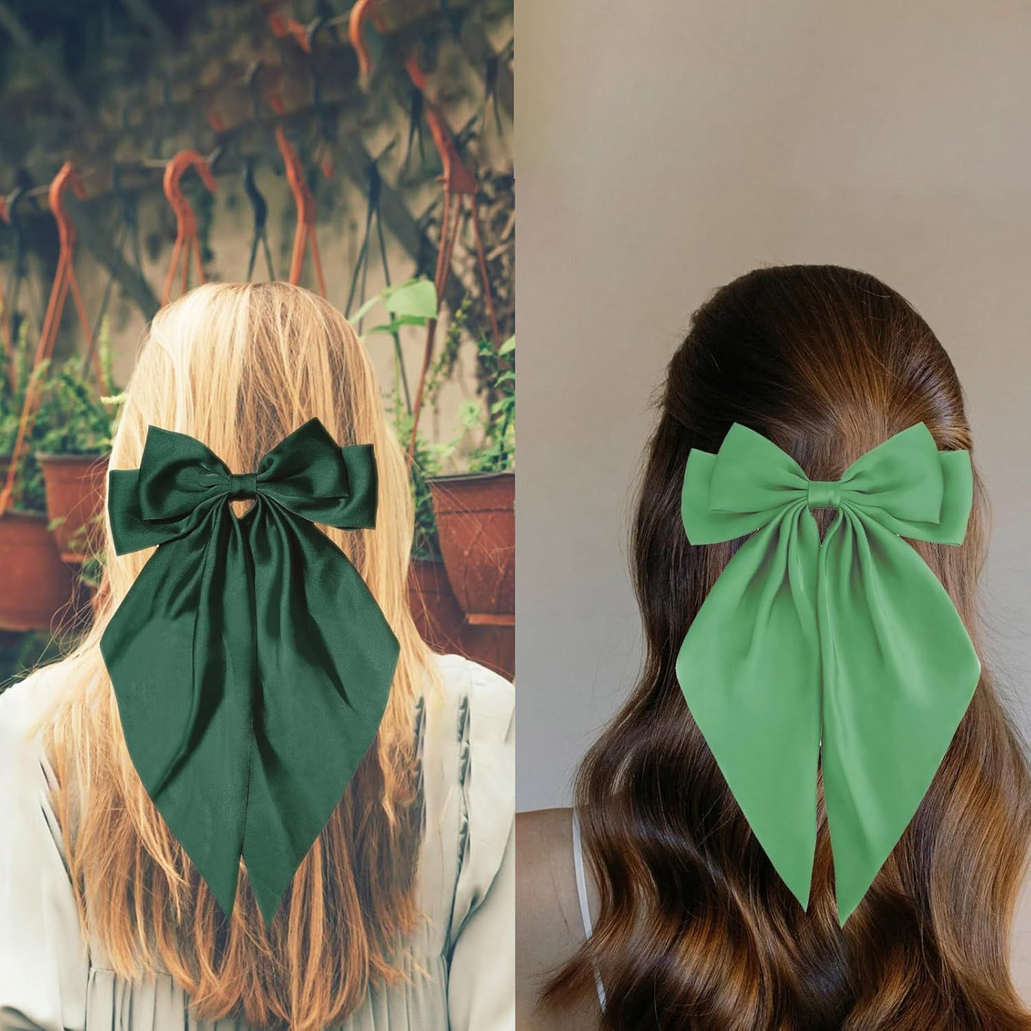 Green Hair Bows for Women Girl, Big Bow Hair Clips, Silky Satin Bows Oversized Long Tail with Clips Barrettes Big Bowknot Hair, St. Patrick's Day Party Accessories