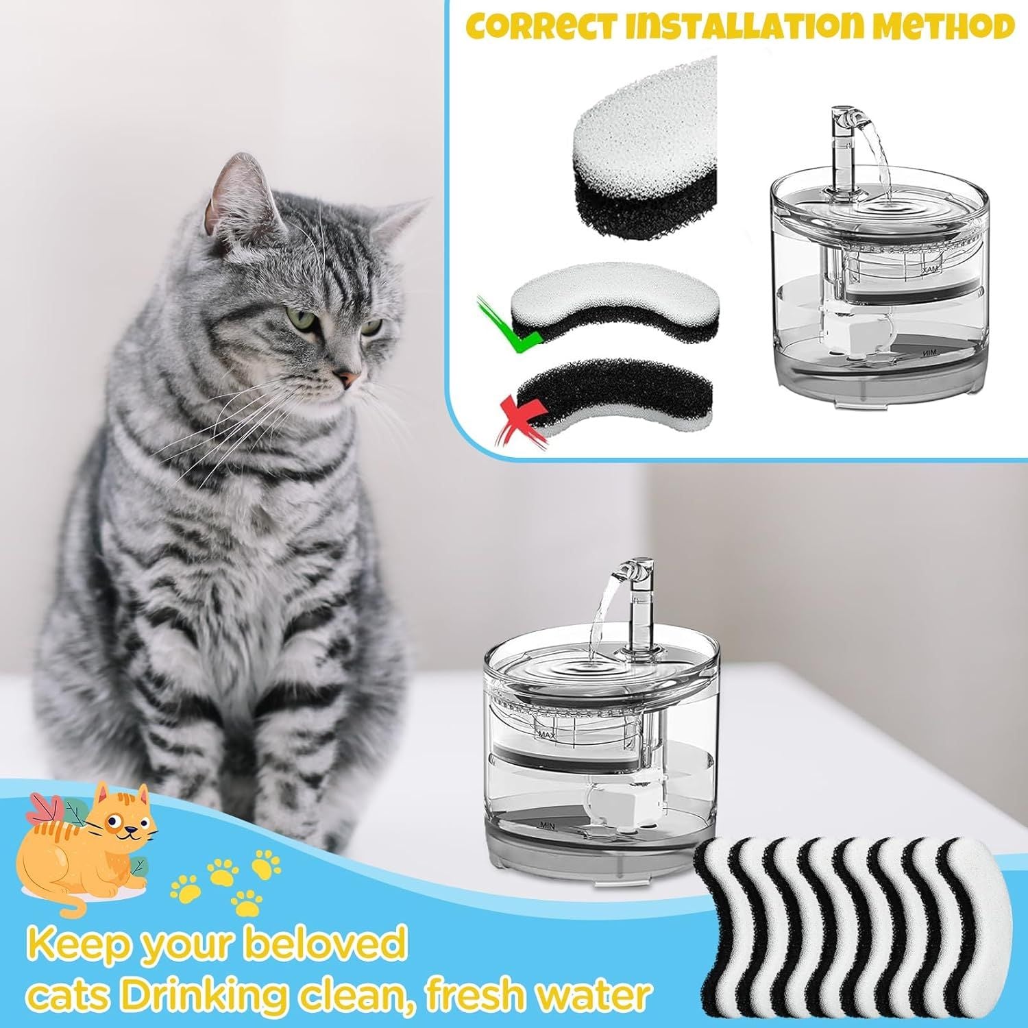 16 Pieces Cat Water Fountain Filters, Water Fountain Filters Replacement for Cat，Water Fountain Fit for Clear Fountain Perfect for NPET WF050 & WF100，Dog Dispenser 16PCS