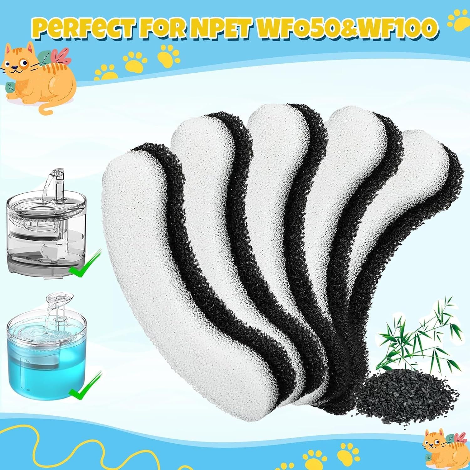 16 Pieces Cat Water Fountain Filters, Water Fountain Filters Replacement for Cat，Water Fountain Fit for Clear Fountain Perfect for NPET WF050 & WF100，Dog Dispenser 16PCS