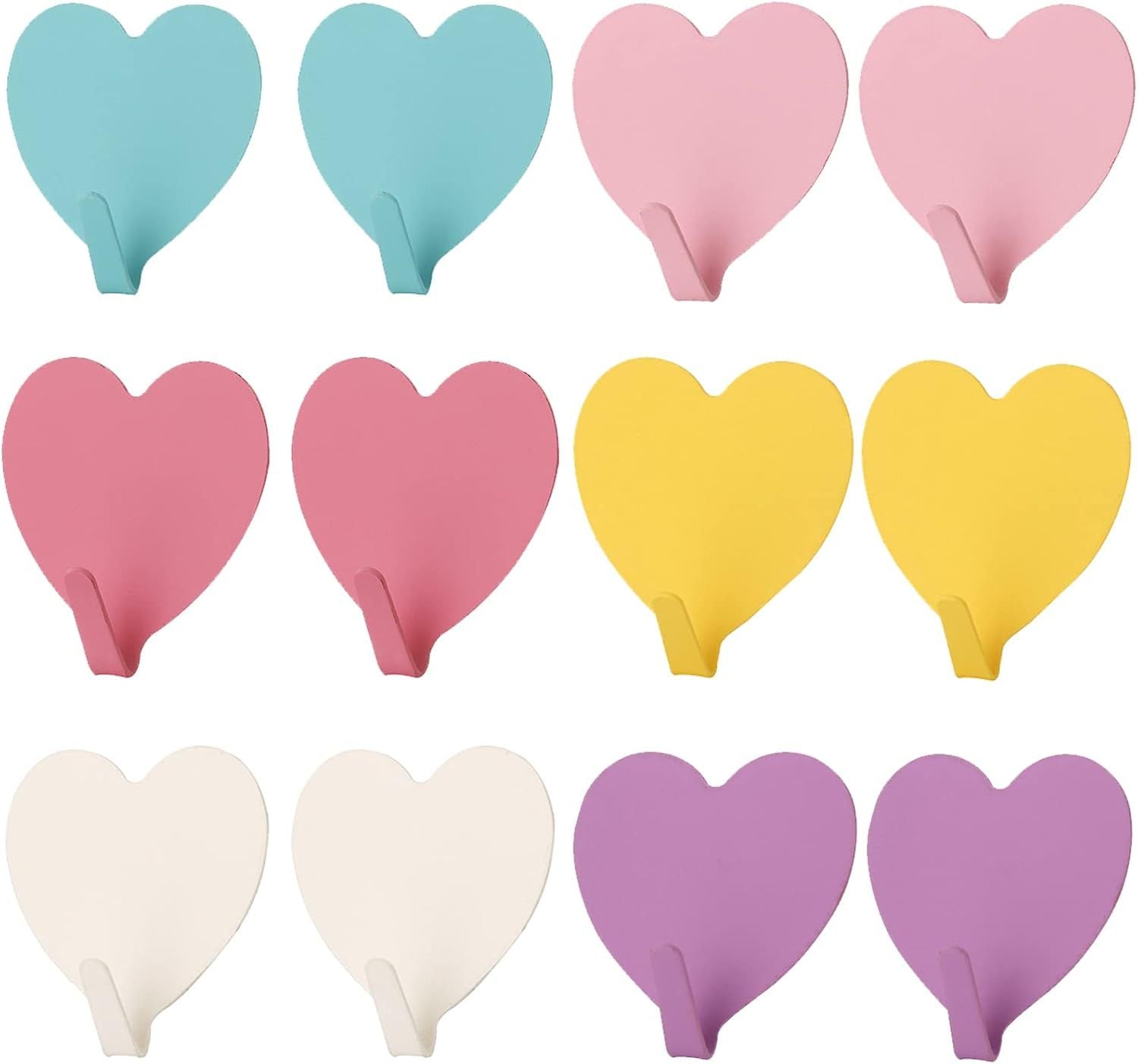 12 Pack Heart Shaped Decorative Wall Hooks, Stainless Steel Strong Adhesive Wall Hook for Home Kitchen Bathroom Multicolor