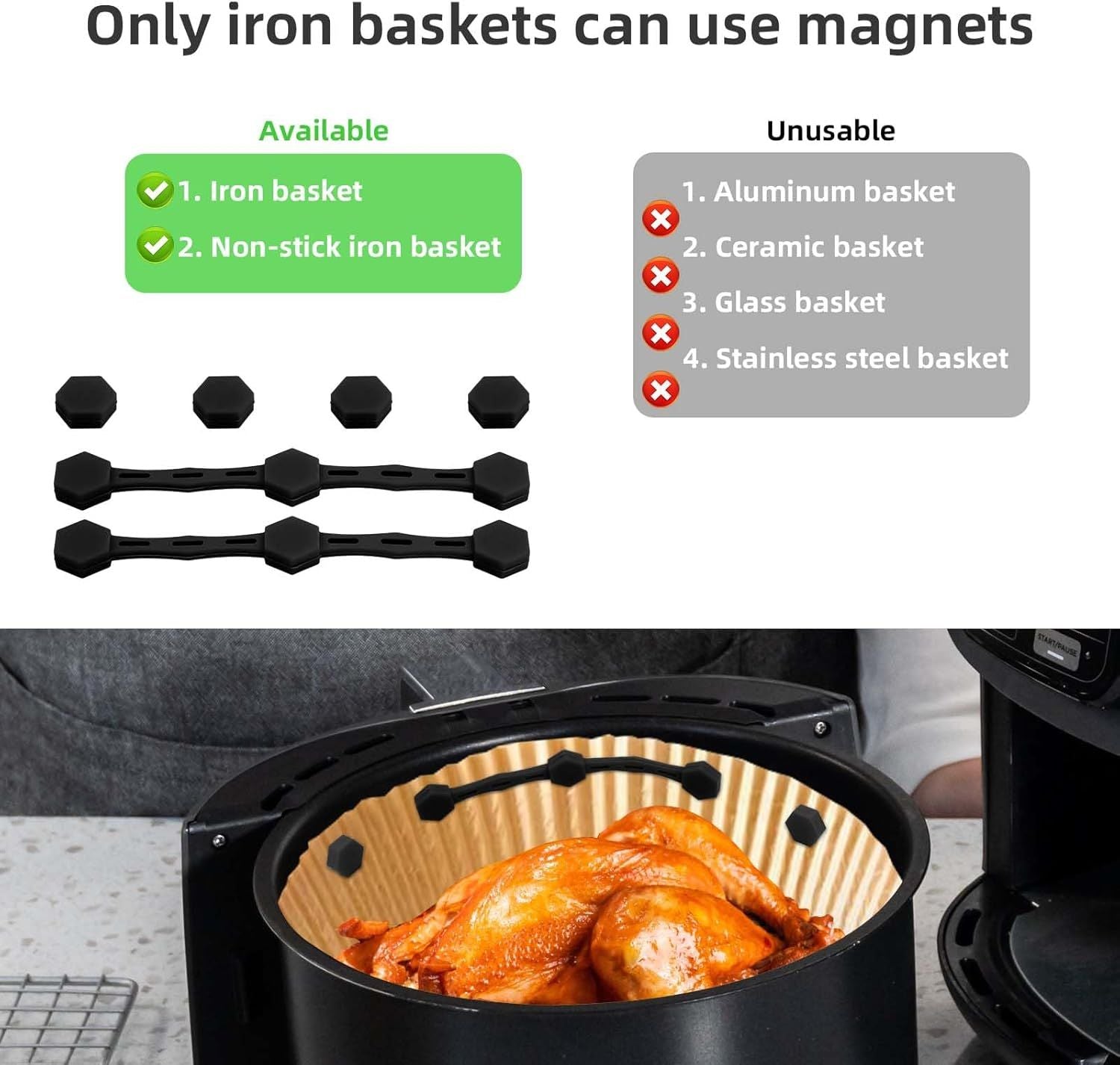 2 Sets Air Fryer Magnet Silicone Buckle, Air Fryer Magnets for Parchment Paper Liners Silicone Magnetic Buckle Prevent Paper Burning Kitchen Accessories Black